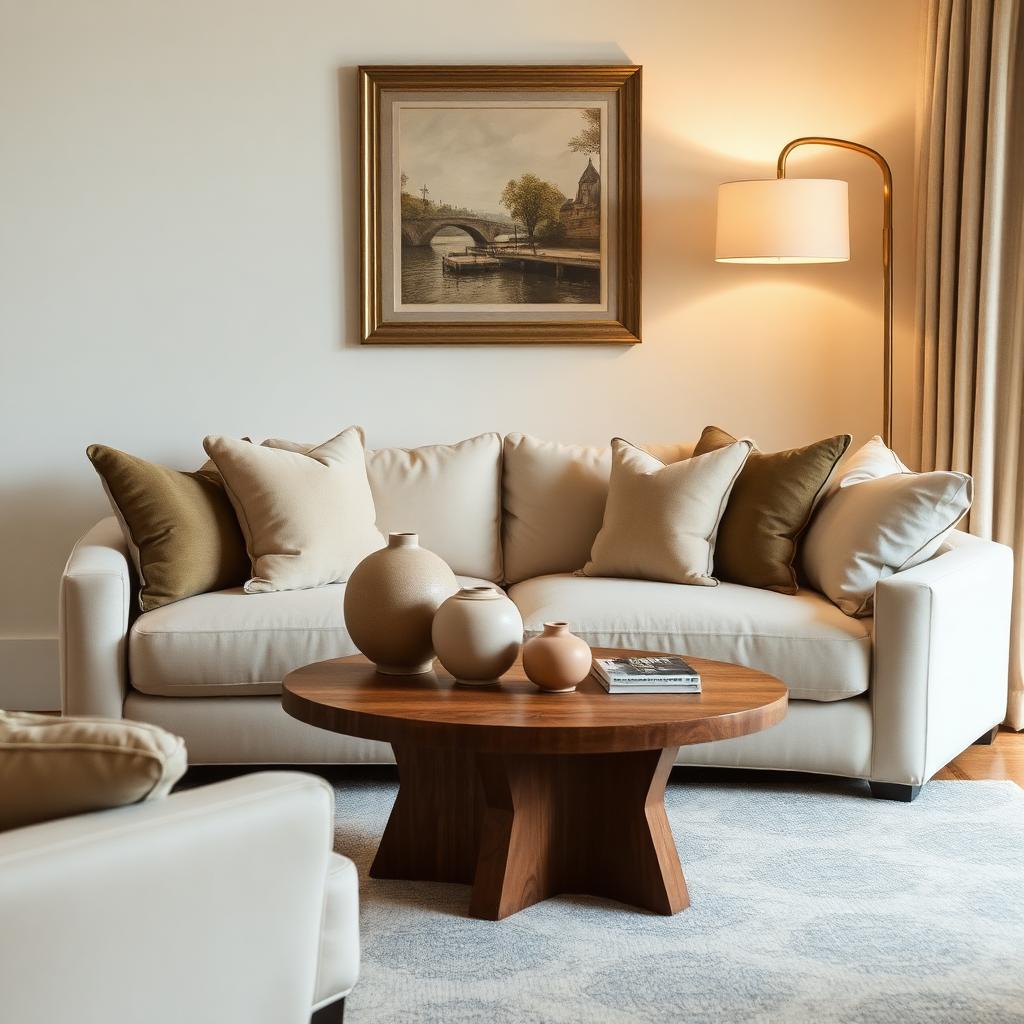 Fully styled living room with layered neutrals and a brass floor lamp