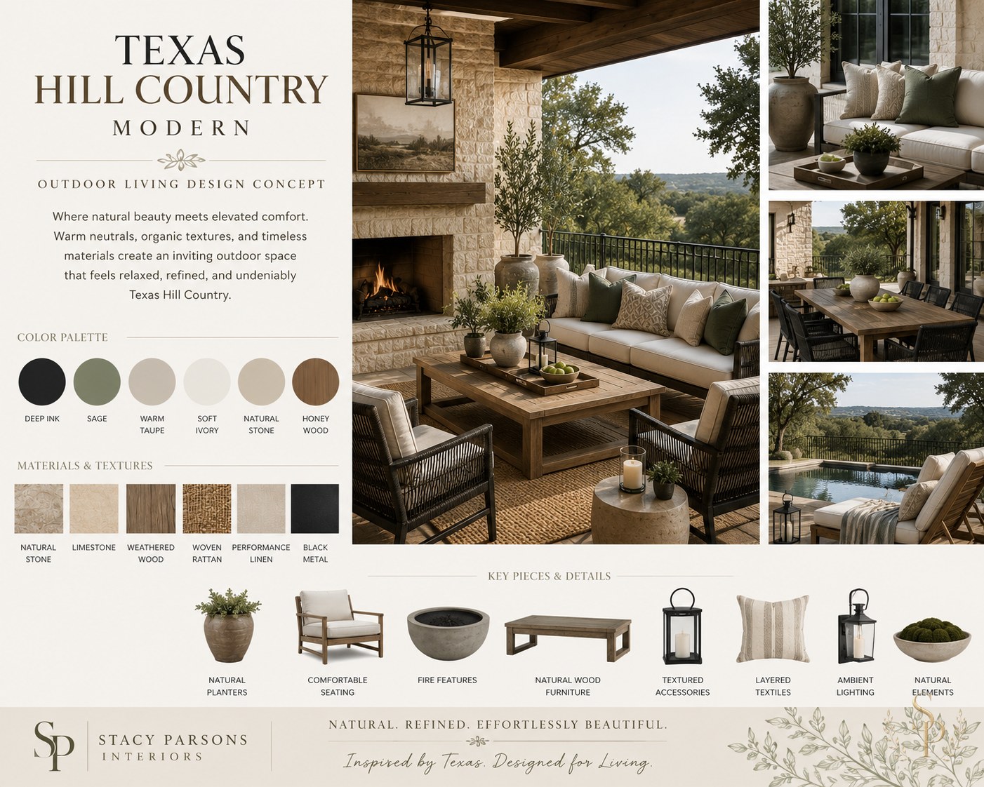 Texas Hill Country Modern mood board — stone fireplace, slipcovered sectional, lanterns, weathered wood table
