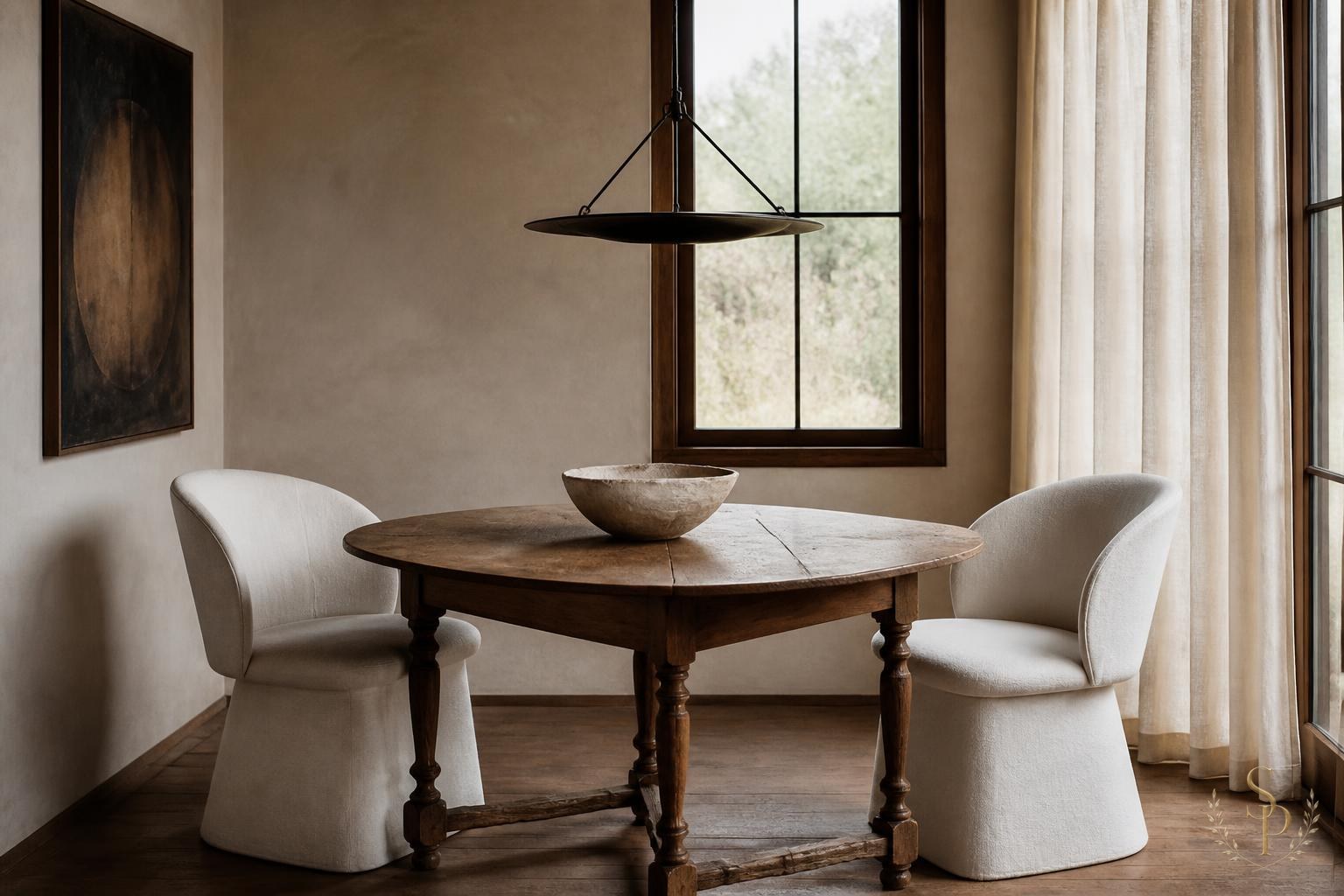 A dining nook with a single antique oak table, two ivory linen chairs, and a hand-thrown ceramic bowl
