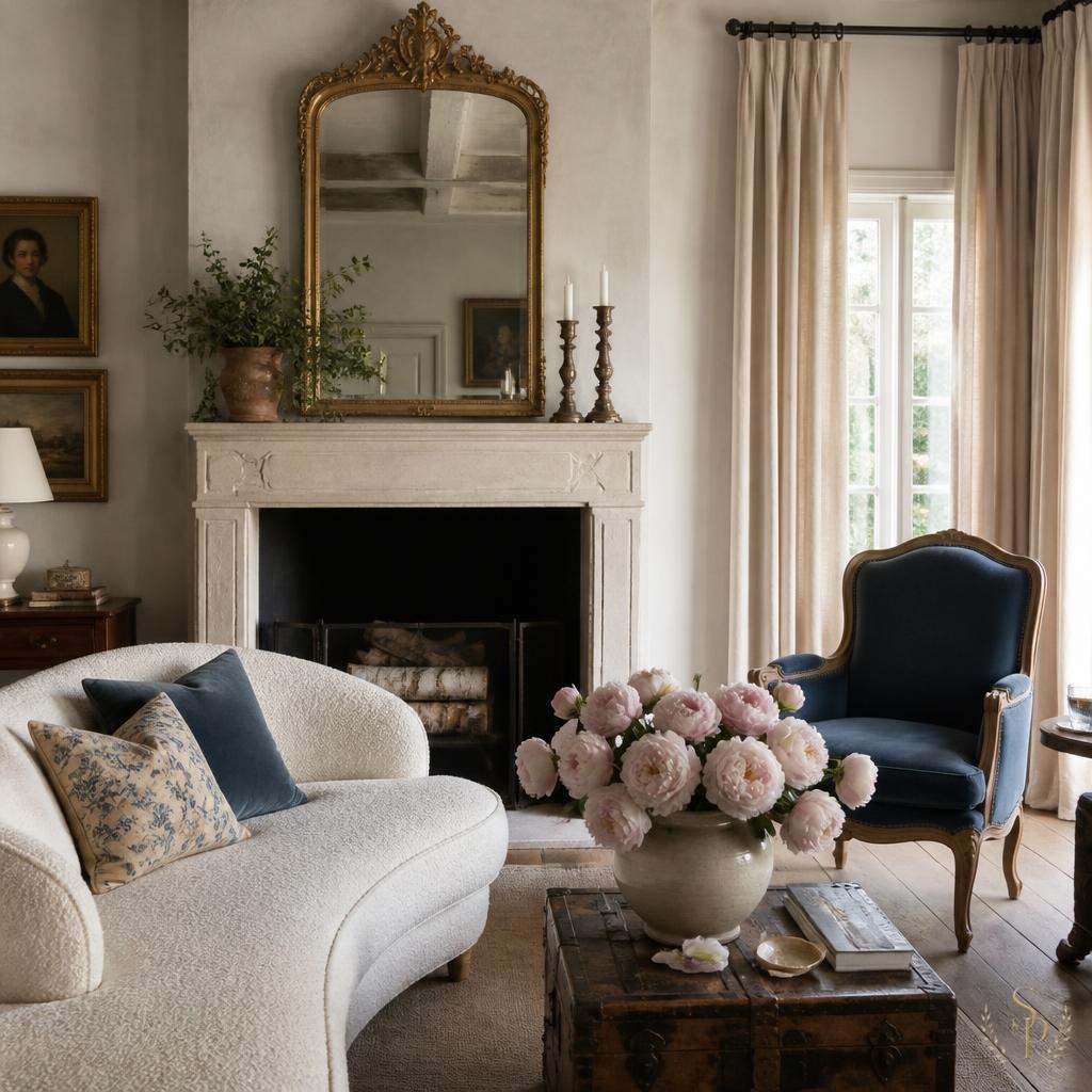 Furniture vignette with layered textiles and natural materials