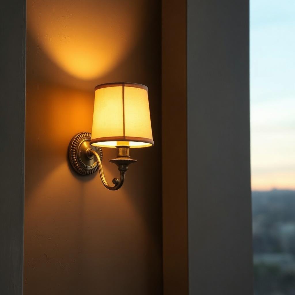 Antique brass wall sconce with an ivory linen shade casting warm dusk light
