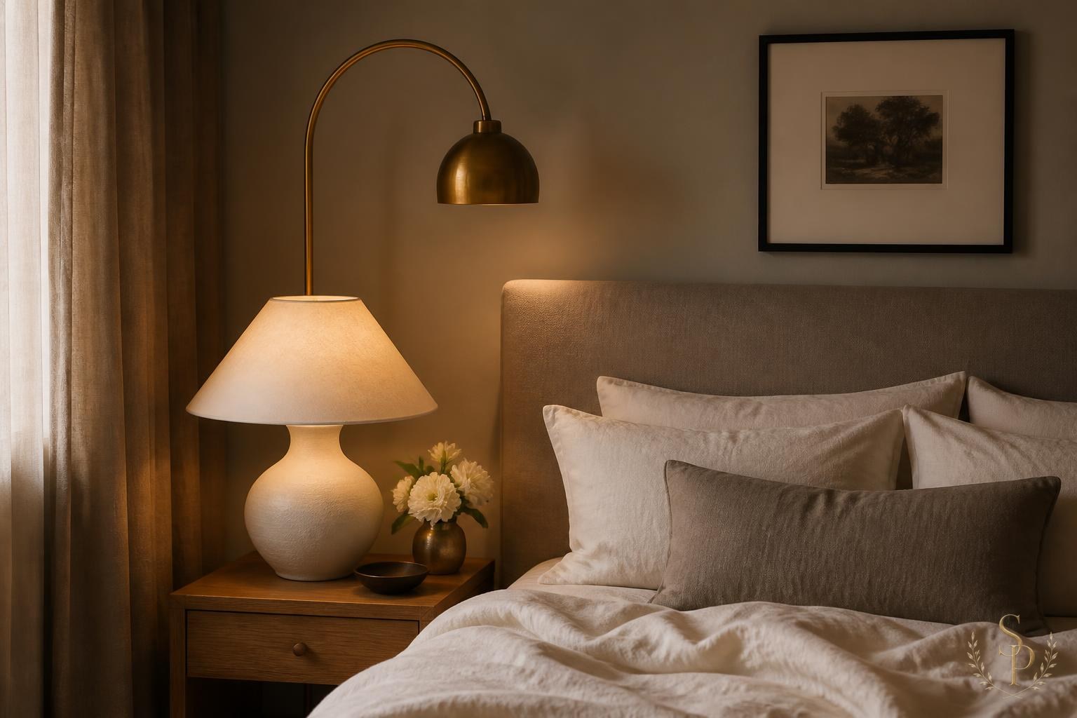 A softly lit bedroom corner with a plaster table lamp, brass arc sconce, and layered ivory linens
