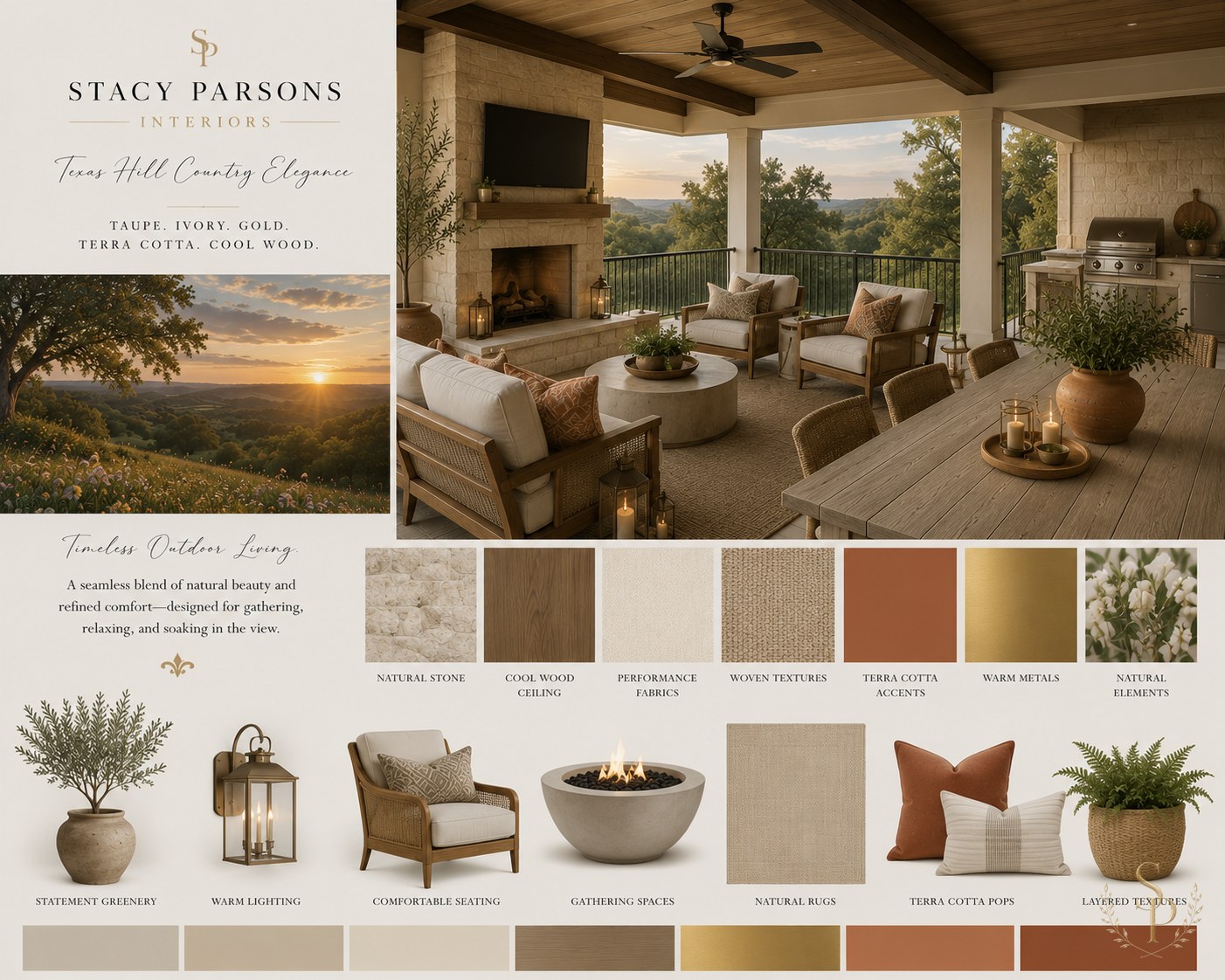 Texas Hill Country outdoor living mood board — stone fireplace, oak ceiling, woven seating, fire bowl, hill country view