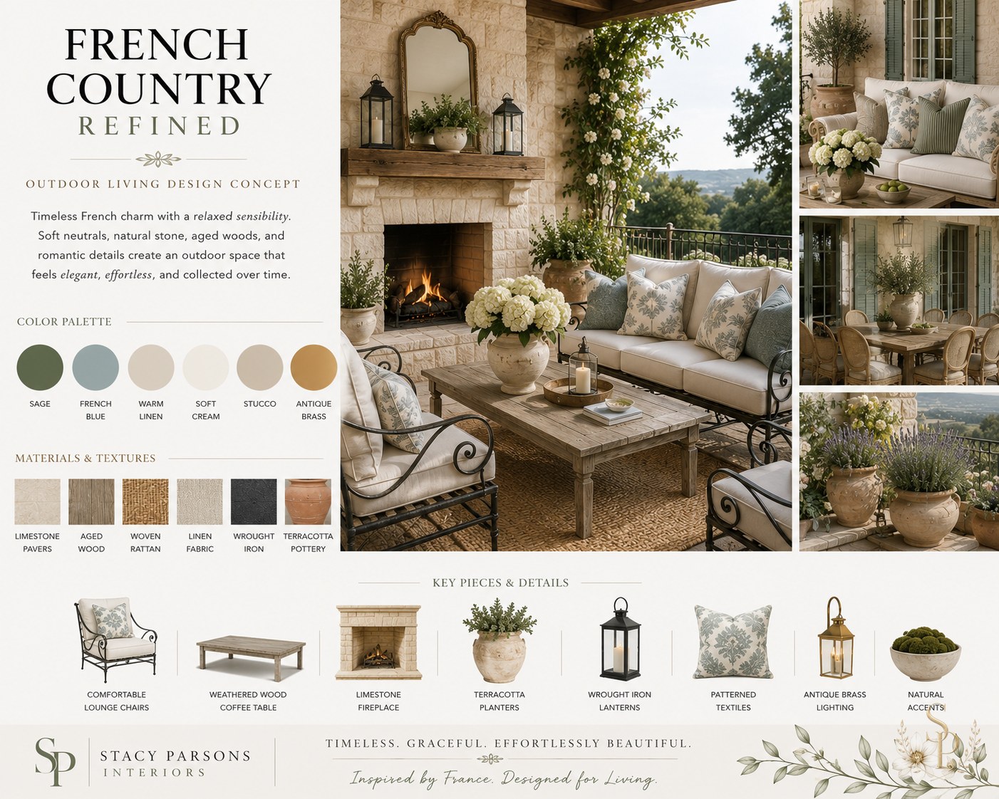 French Country Refined outdoor living mood board — limestone fireplace, slipcovered sofa, patterned pillows, terracotta planters