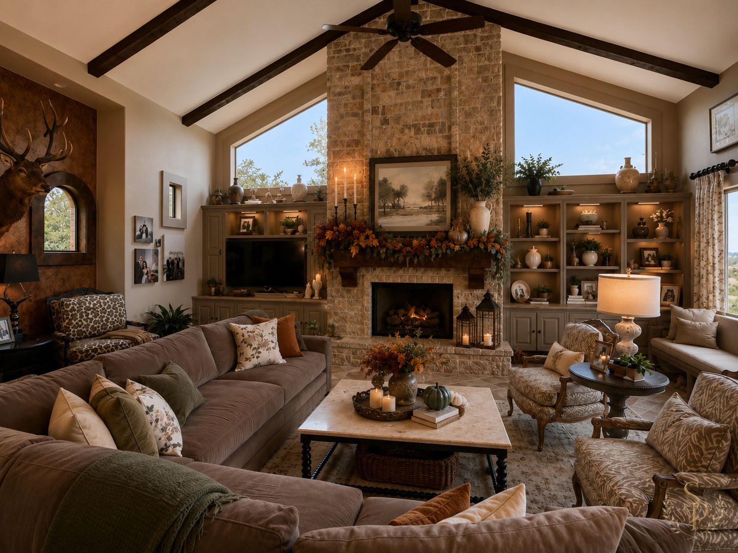 Hill Country living room with a stone fireplace, fall mantel garland, and warm autumn accents
