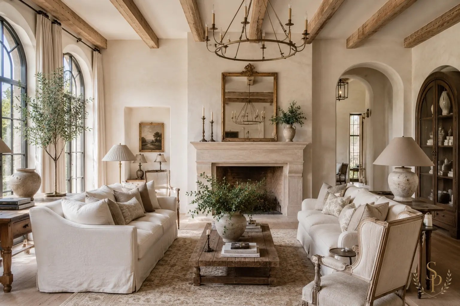 French country living room with limestone fireplace, ivory sofa, and layered textiles