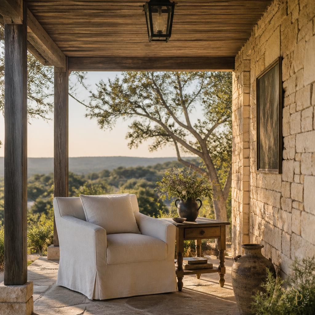 Hill Country outdoor living area with stone fireplace and layered seating