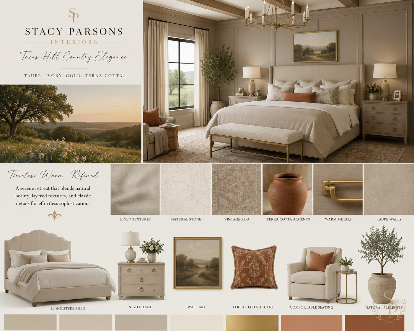 Texas Hill Country Elegance bedroom mood board — upholstered bed, ivory linens, brass chandelier, terracotta accents