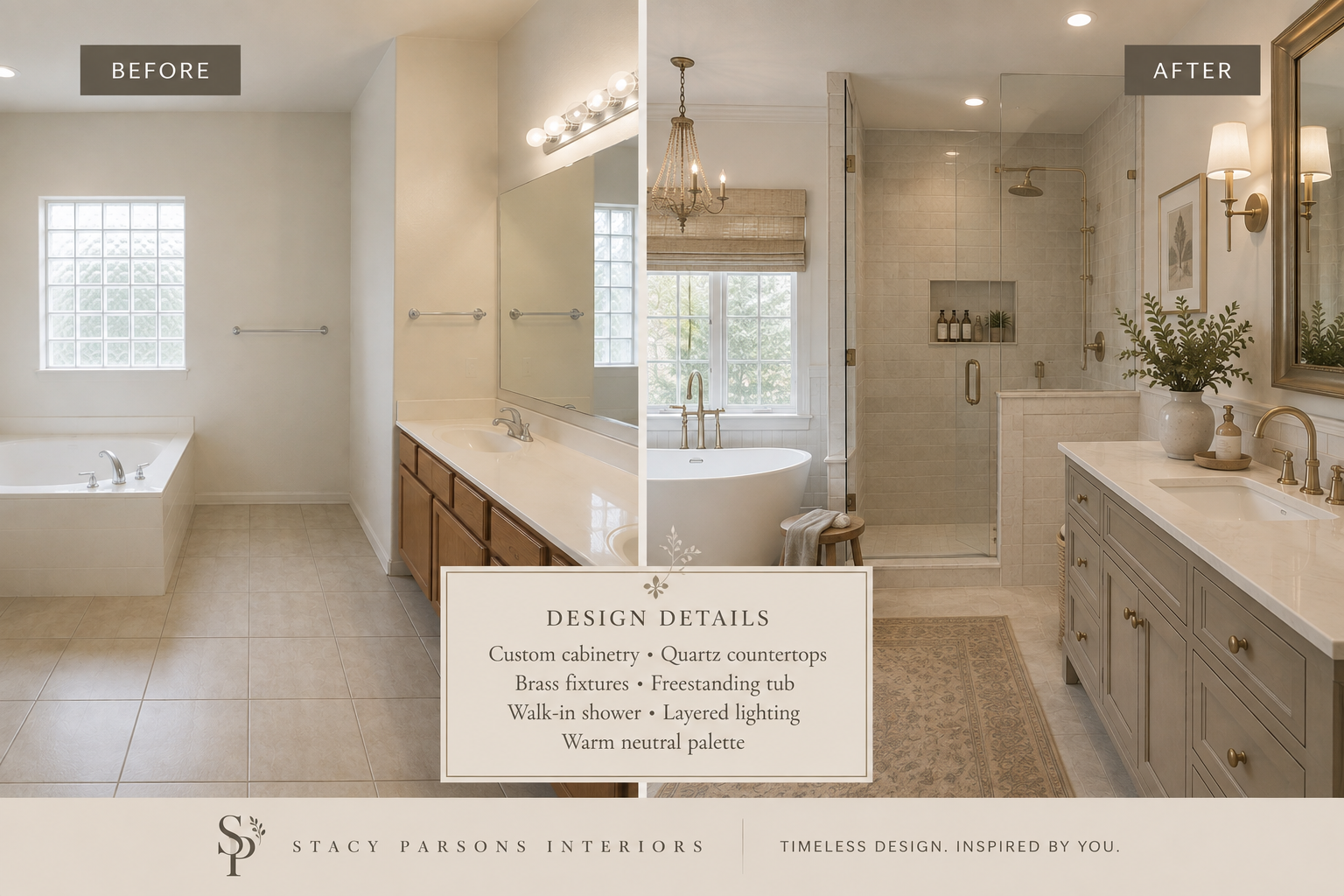Primary Bath Before & After — A Spa at Home Before and after of a primary bathroom — the after has a freestanding tub, walk-in glass shower, brass fixtures, custom taupe cabinetry, and quartz countertops