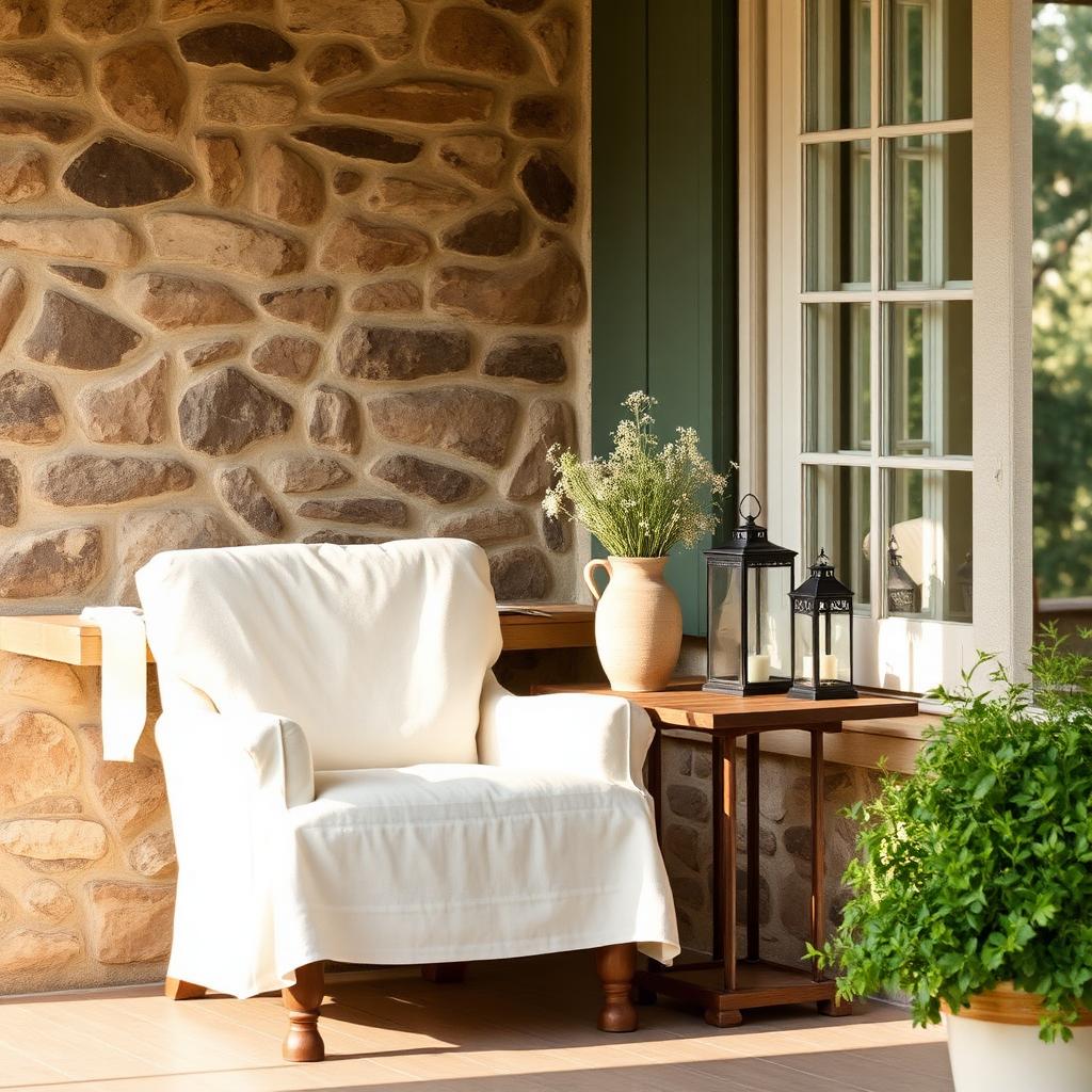 Refined Texas Hill Country porch with a slipcovered chair and stone wall