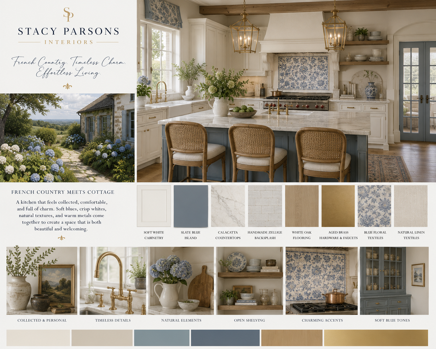 French country cottage kitchen mood board — soft white cabinetry, slate blue island, blue floral tile backsplash, marble counters