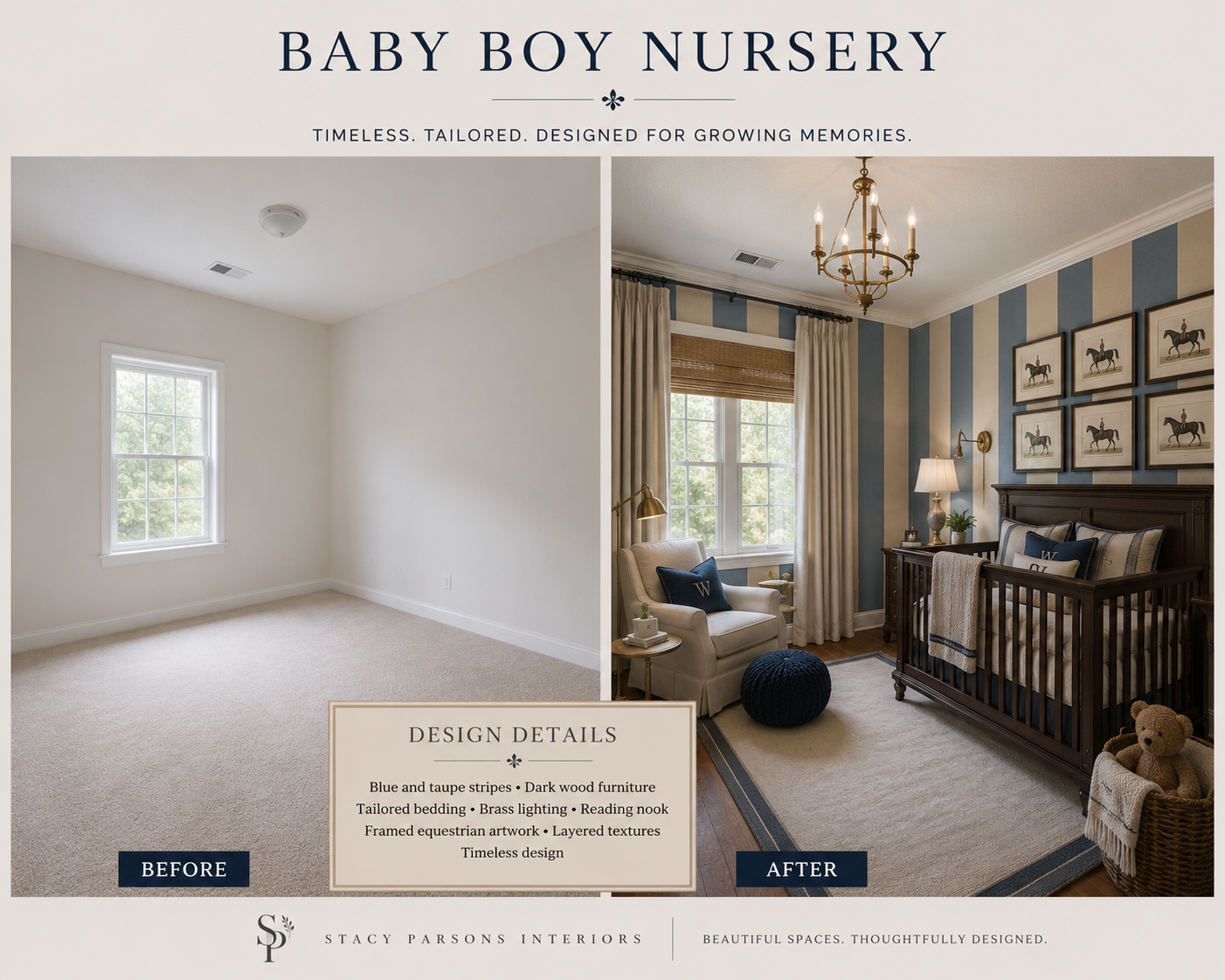 Nursery Before & After — Baby Boy Nursery Before and after of a nursery — the after has blue and taupe striped walls, dark wood crib, brass chandelier, framed equestrian artwork, and a reading nook