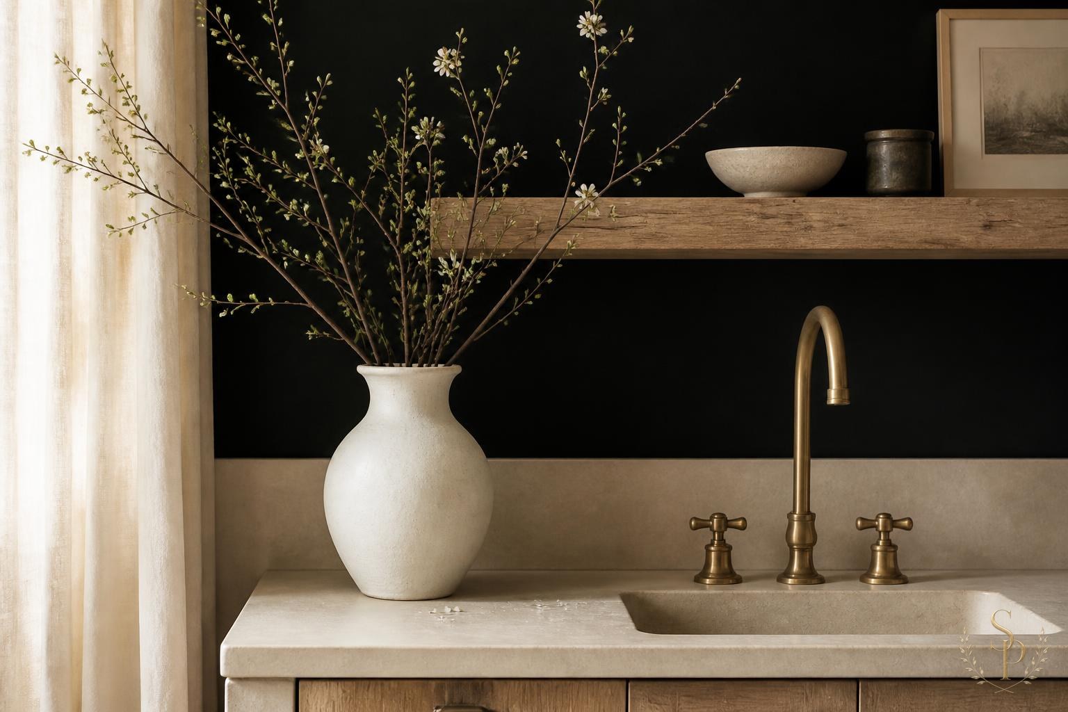 A close-up vignette of unlacquered brass faucet, honed limestone, raw oak shelf, and ivory ceramics