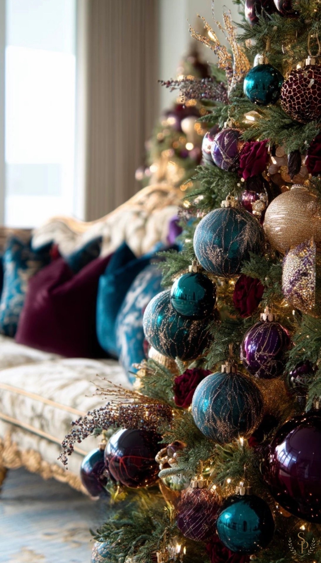 Jewel-toned Christmas tree with teal, plum, and gold ornaments beside a velvet sofa