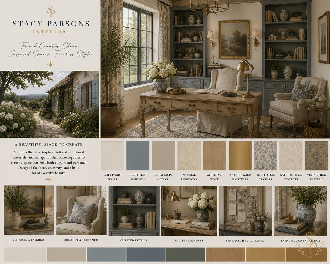 French country home office mood board — dusty blue built-ins, ivory walls, antique desk lamp, floral drapery and vintage rug