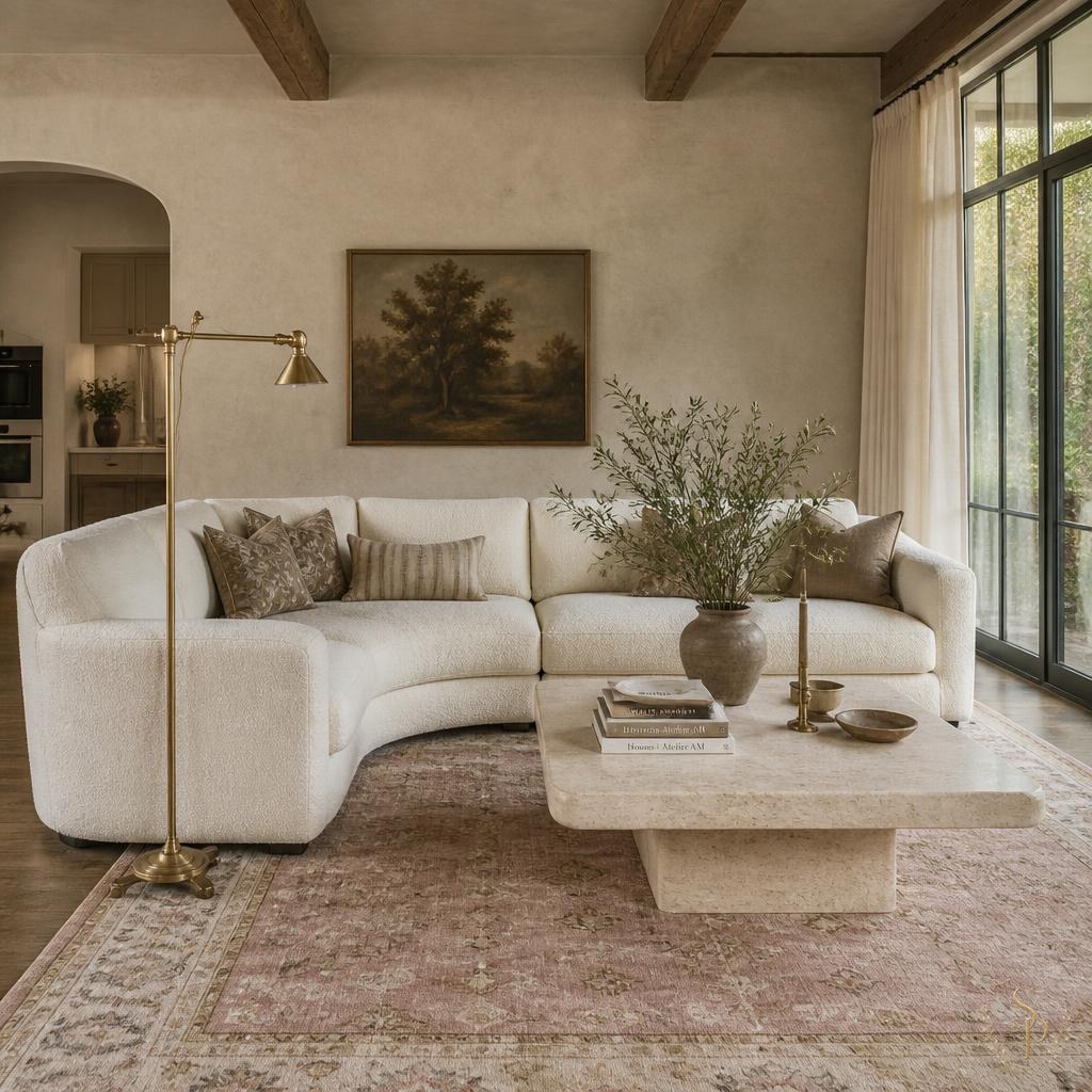 Layered living room with neutral upholstery, wood tones, and gathered accessories