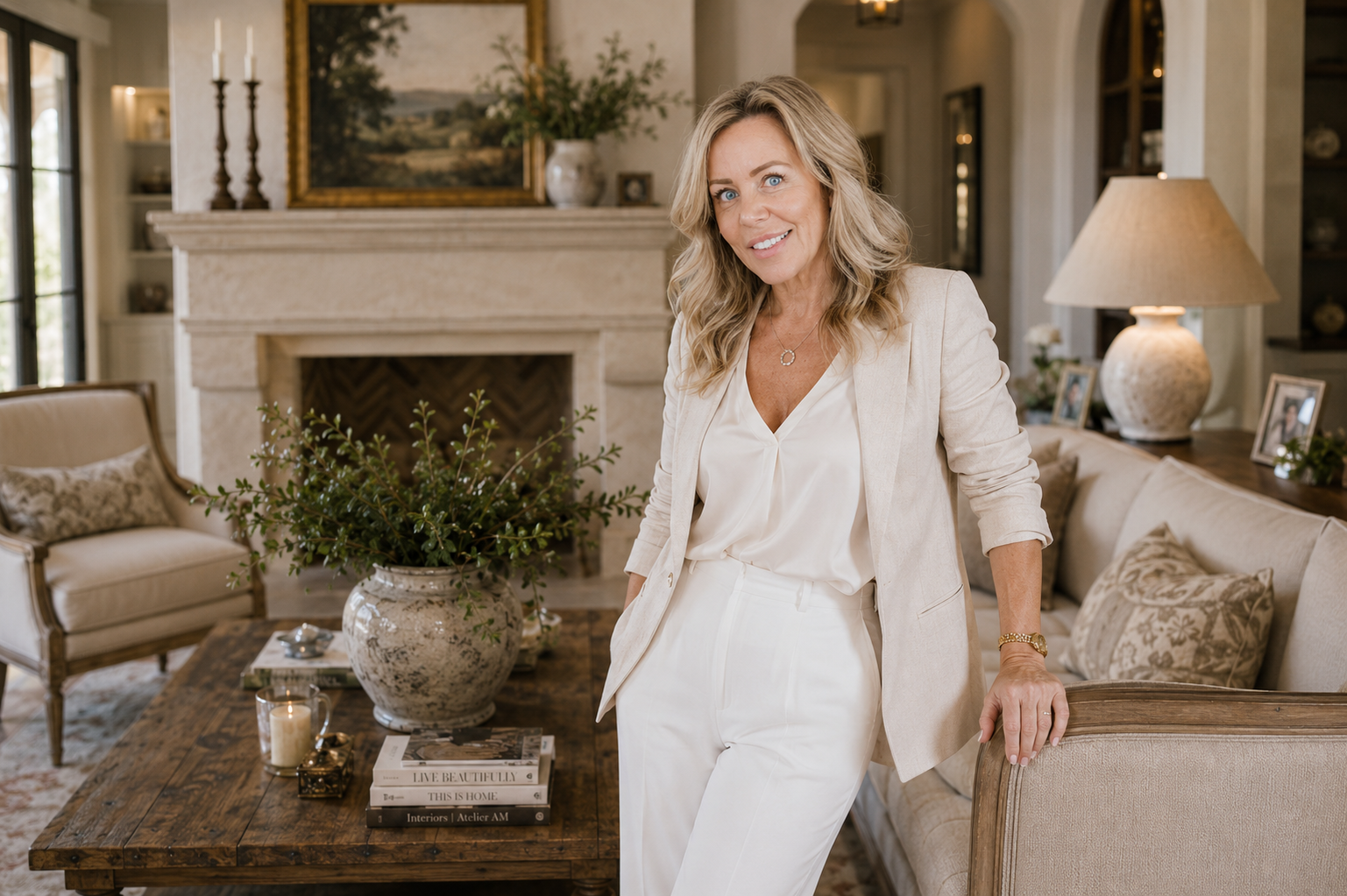 Stacy Parsons in a finished Hill Country living room with limestone fireplace, linen sofa, and curated coffee table styling