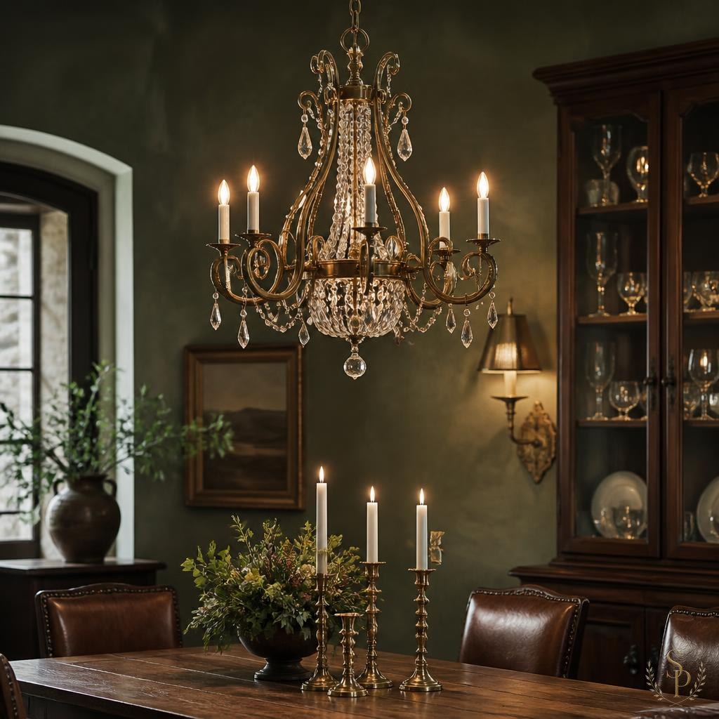A glowing antique brass-and-crystal chandelier with lit taper bulbs centered above a candlelit walnut dining table, framed by a glass-front cabinet and a softly lit brass wall sconce against moody deep-green plaster walls