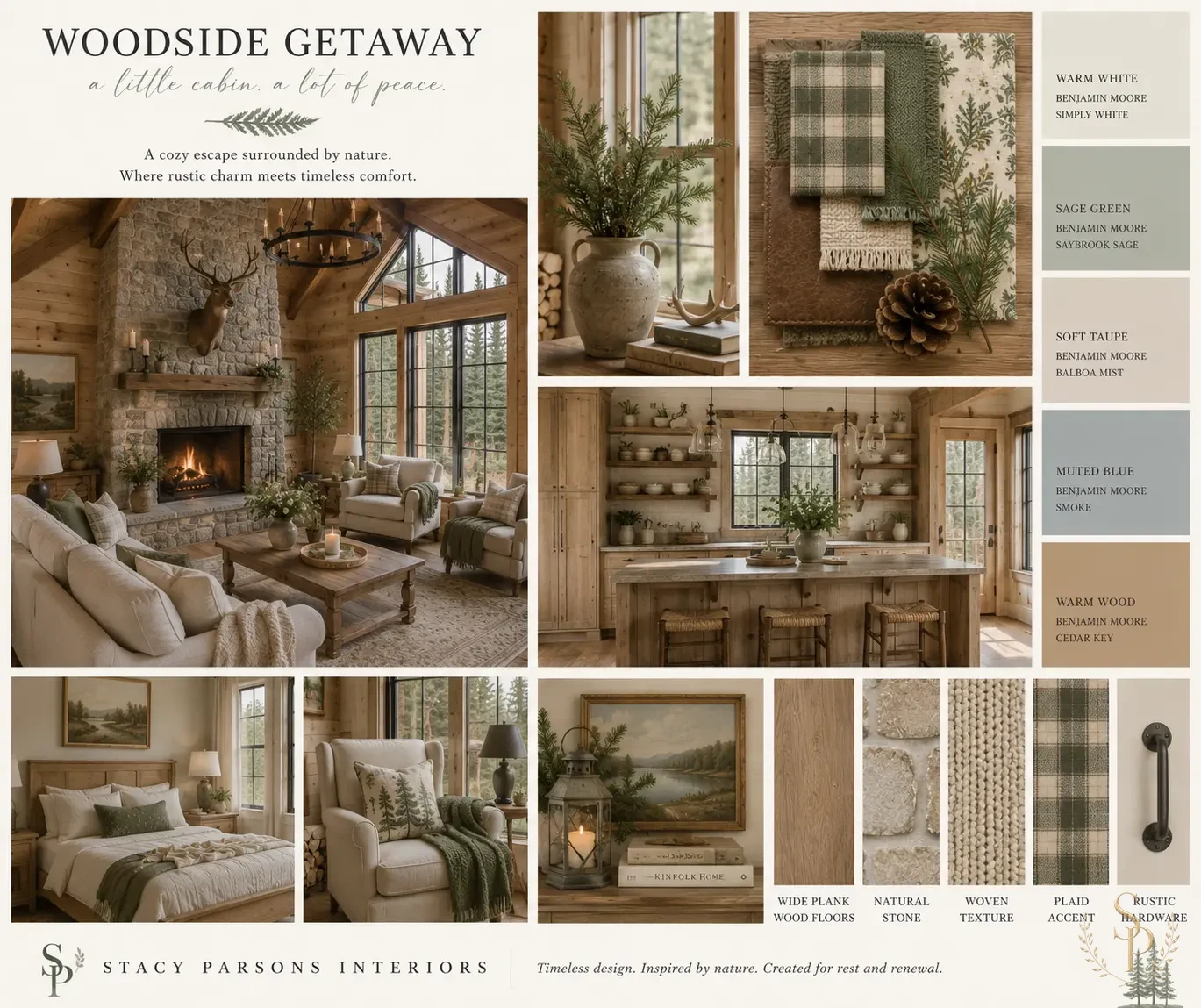Woodside Getaway mood board — forest greens, bark browns, chunky wool, leather, stone, and warm firelight tones