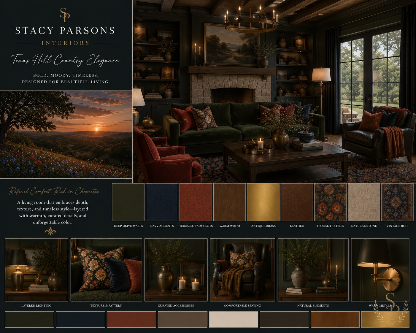 Moody living room mood board — deep olive walls, green velvet sofa, terracotta velvet chairs, leather recliner, brass chandelier