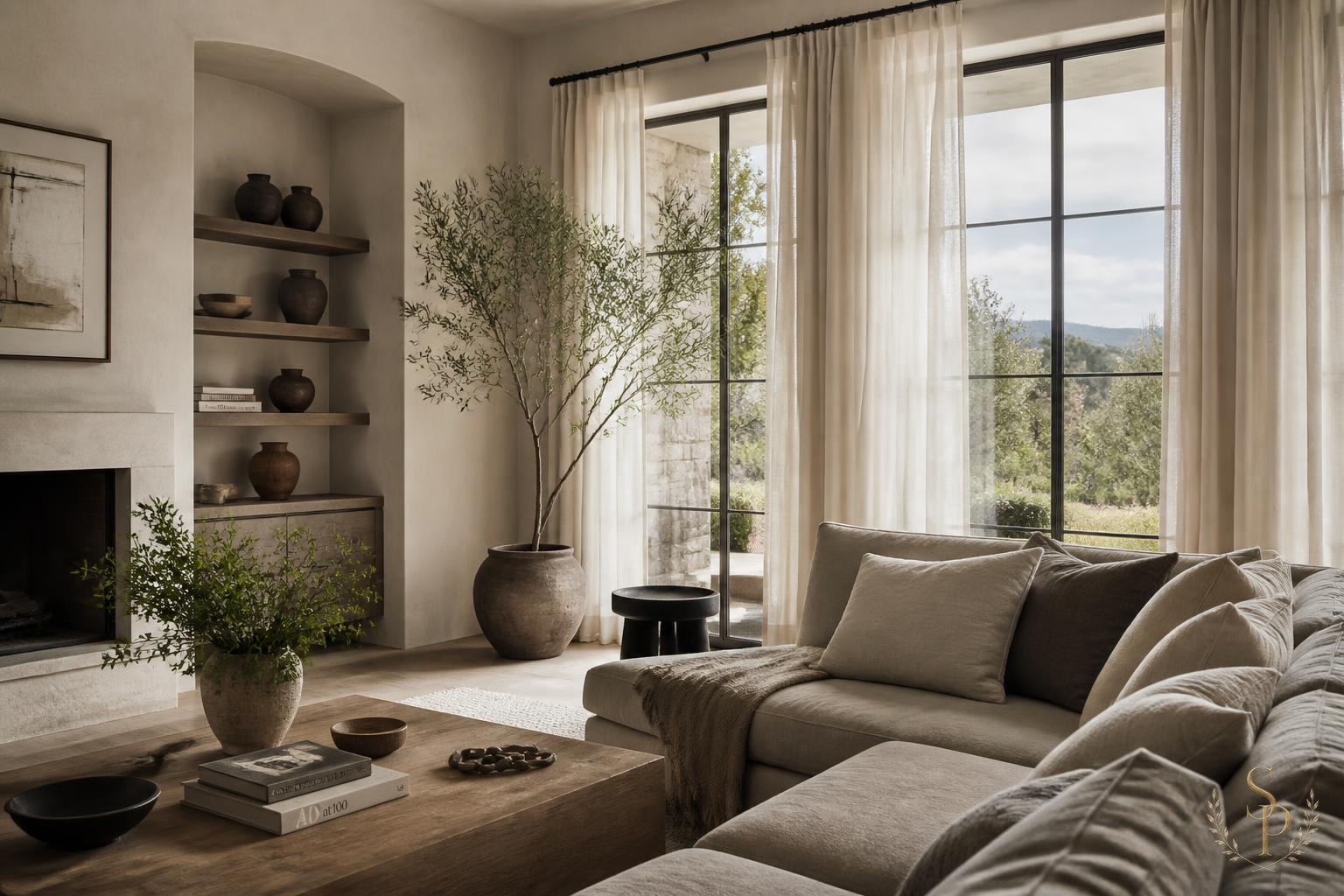 A serene living room layered in ivory, taupe, and bone with a linen sofa and oak coffee table
