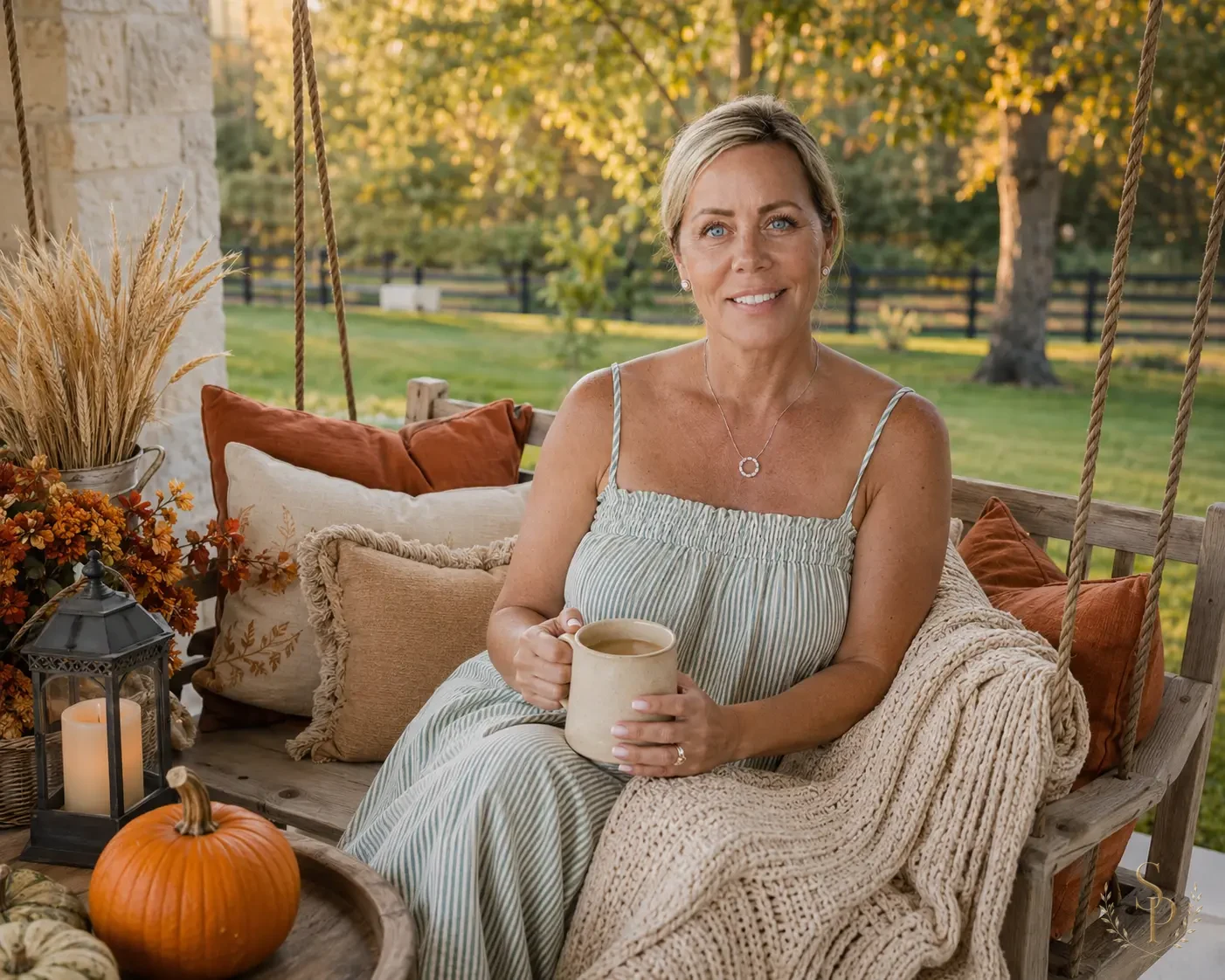 Stacy Parsons on a porch swing layered with rust and cream pillows, mums, and pumpkins for fall