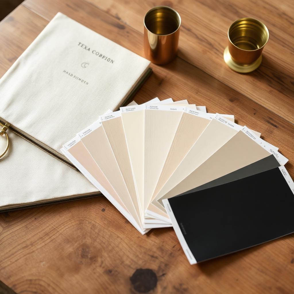 Hand-painted warm neutral paint swatches fanned on an oak table