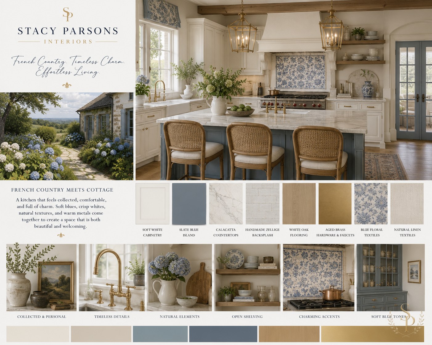 French country cottage kitchen mood board — soft white cabinetry, slate blue island, blue floral tile backsplash, marble counters