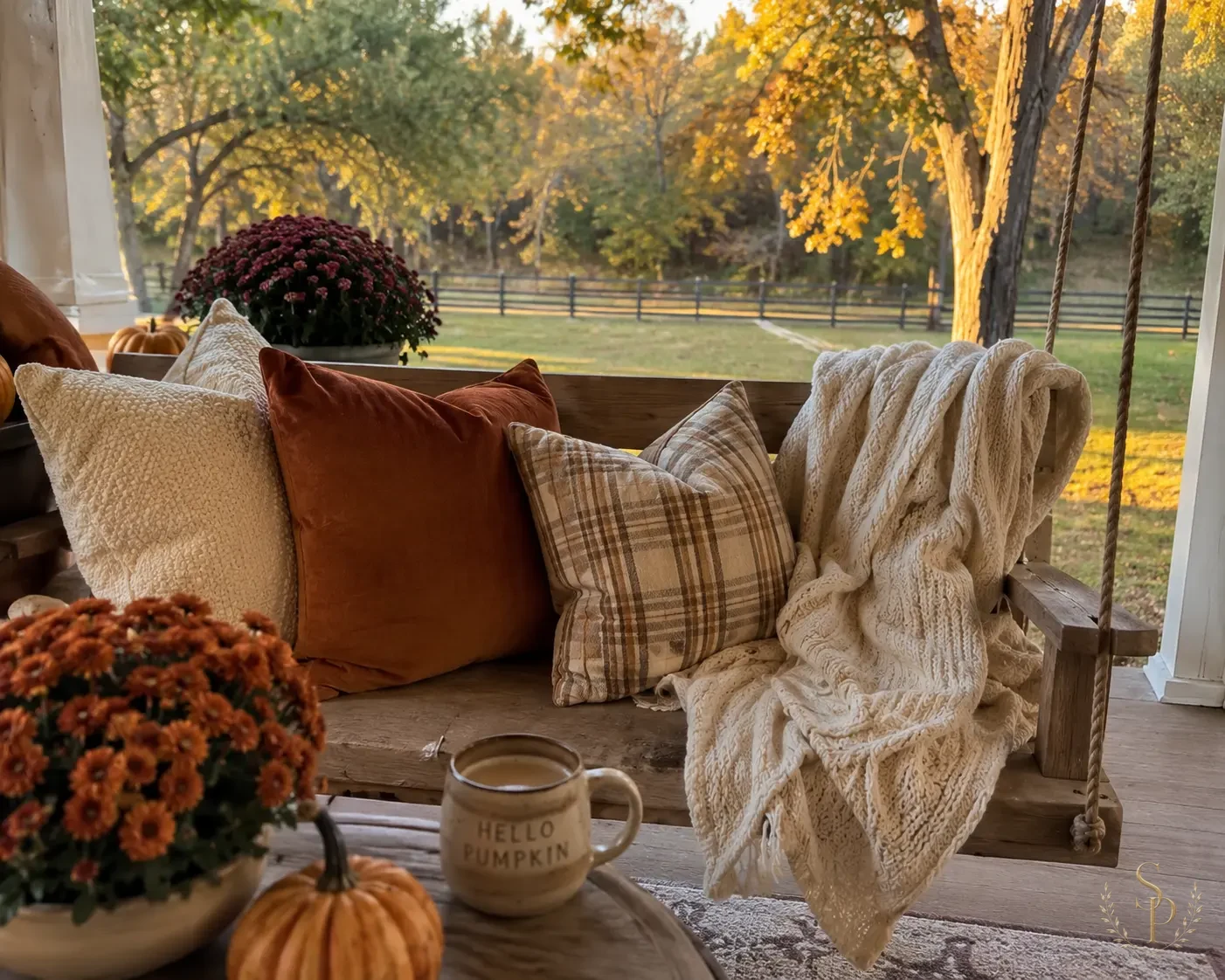 Porch swing styled for fall with rust velvet and plaid pillows, a cable-knit throw, and orange mums