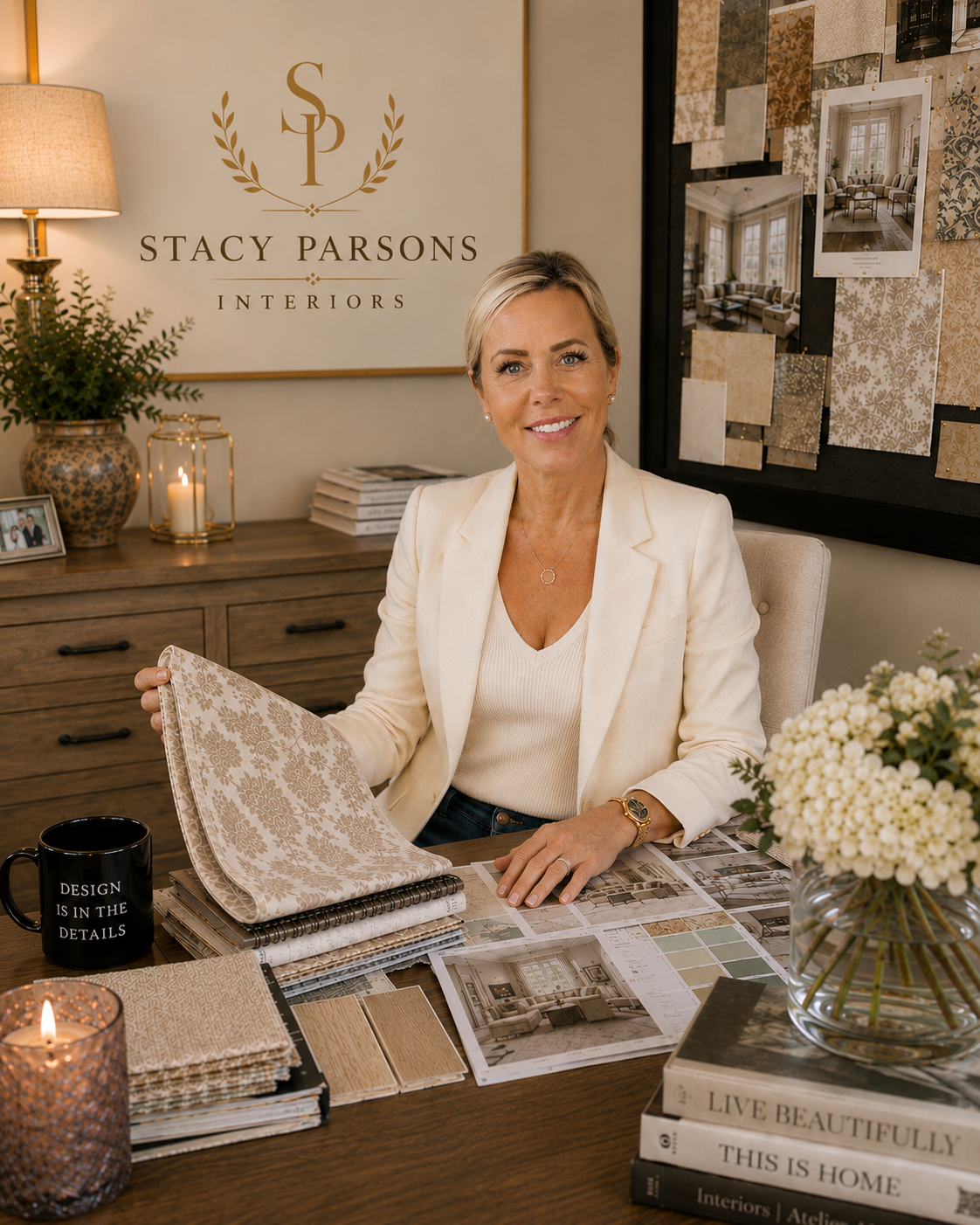 Stacy Parsons at her studio desk beneath the Stacy Parsons Interiors monogram, holding a damask fabric sample beside mood boards and floorplans