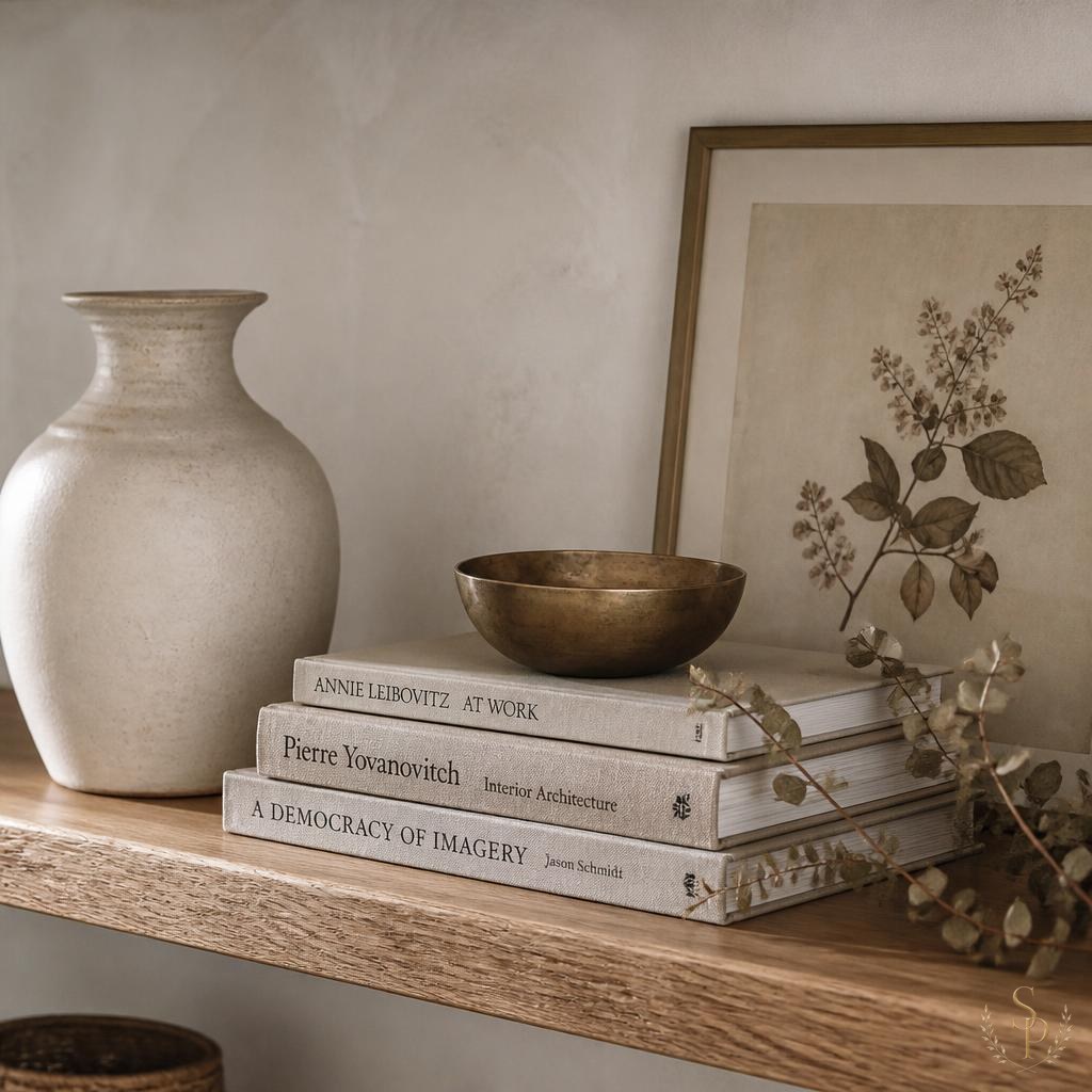 Styled console table with a lamp, tray, and gathered objects
