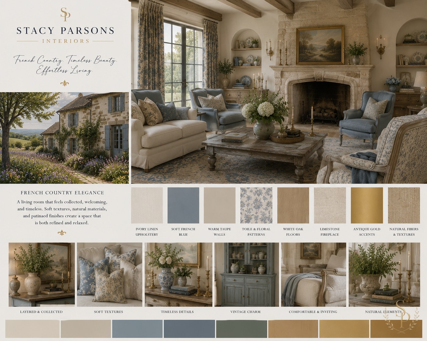 French country elegance living room mood board — limestone fireplace, soft blue chairs, ivory sofa, toile fabrics and antique gold accents
