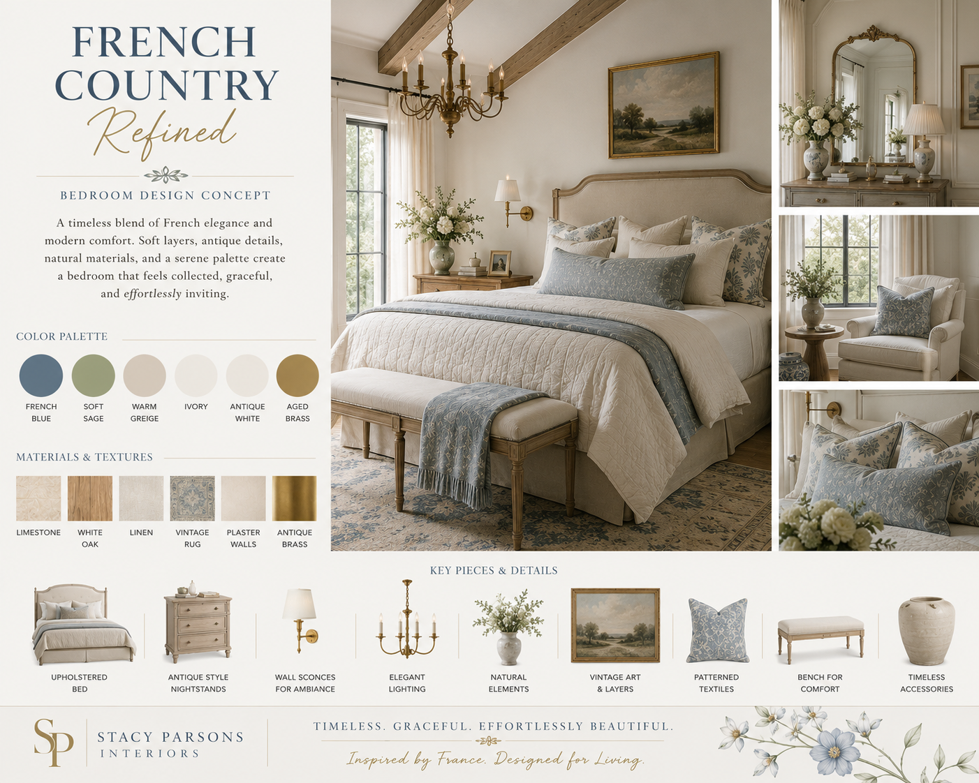 French Country Refined bedroom mood board — upholstered bed, antique chandelier, patterned blue and ivory linens
