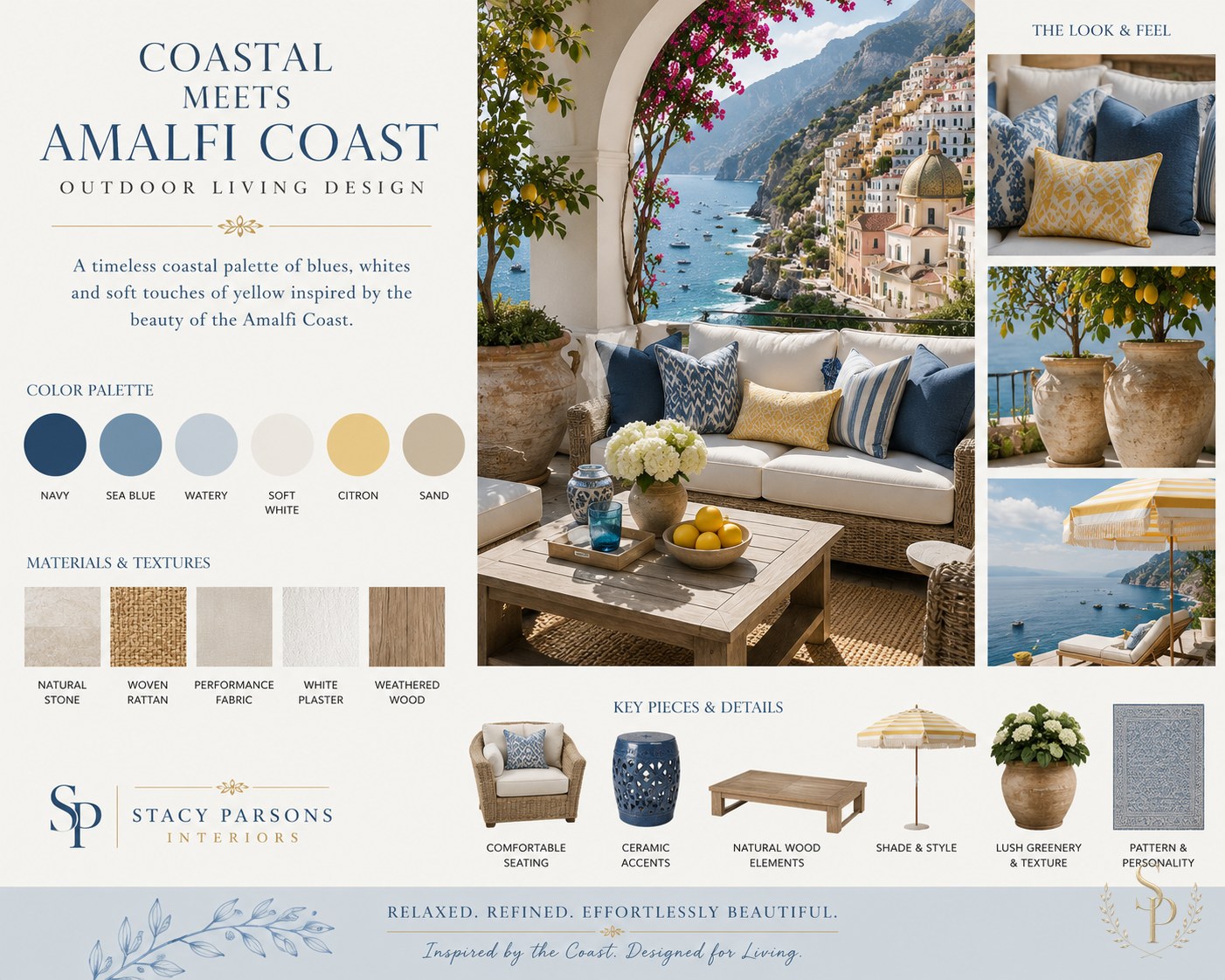 Coastal Amalfi outdoor living mood board — navy and citron pillows, terracotta urns, lemons, sea view