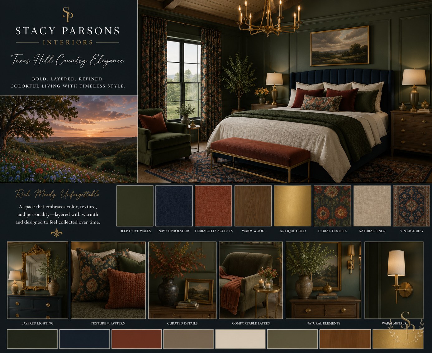 Moody bedroom mood board — deep olive walls, navy velvet headboard, terracotta bench, antique gold sconces and chandelier