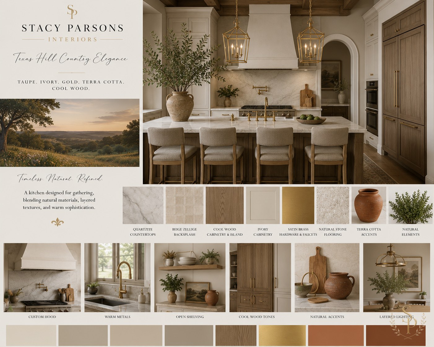 Texas Hill Country Elegance kitchen mood board — ivory cabinetry, cool wood island, brass lanterns, quartzite countertops