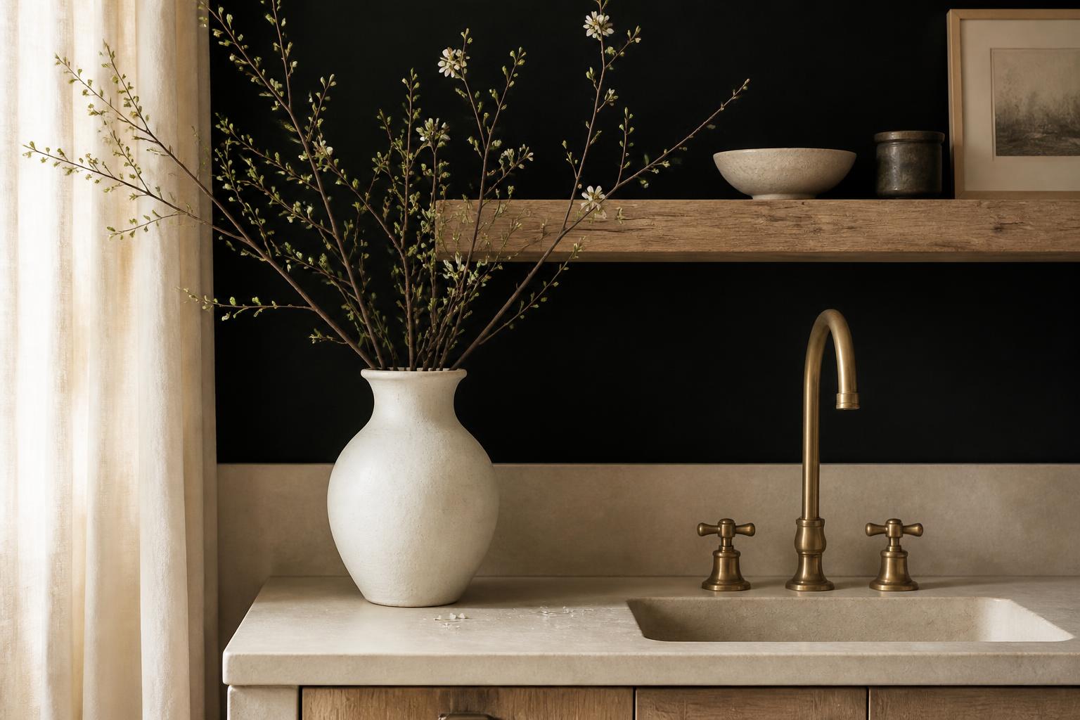 A close-up vignette of unlacquered brass faucet, honed limestone, raw oak shelf, and ivory ceramics