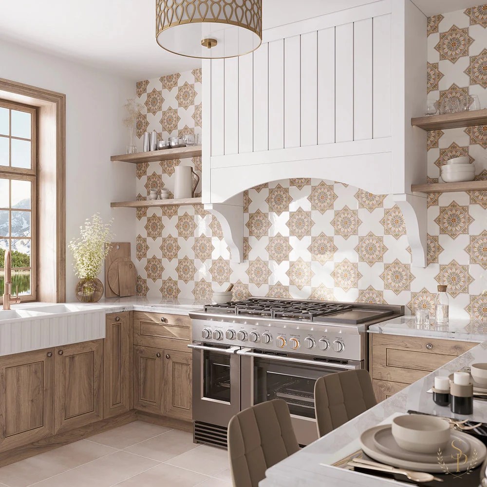 Kitchen with a hand-troweled plaster range hood and hand-painted tile backsplash