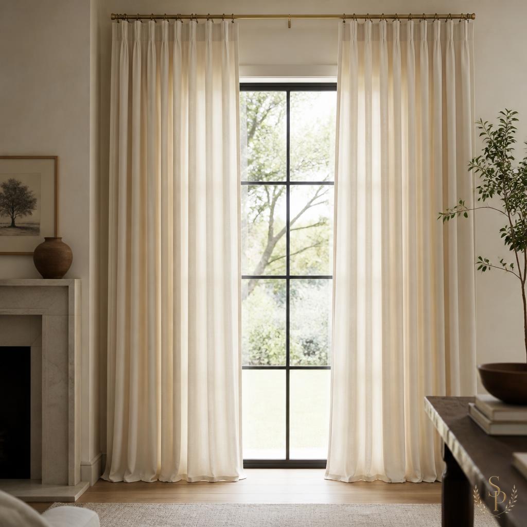 Window with full-length pinch pleat drapery in natural linen