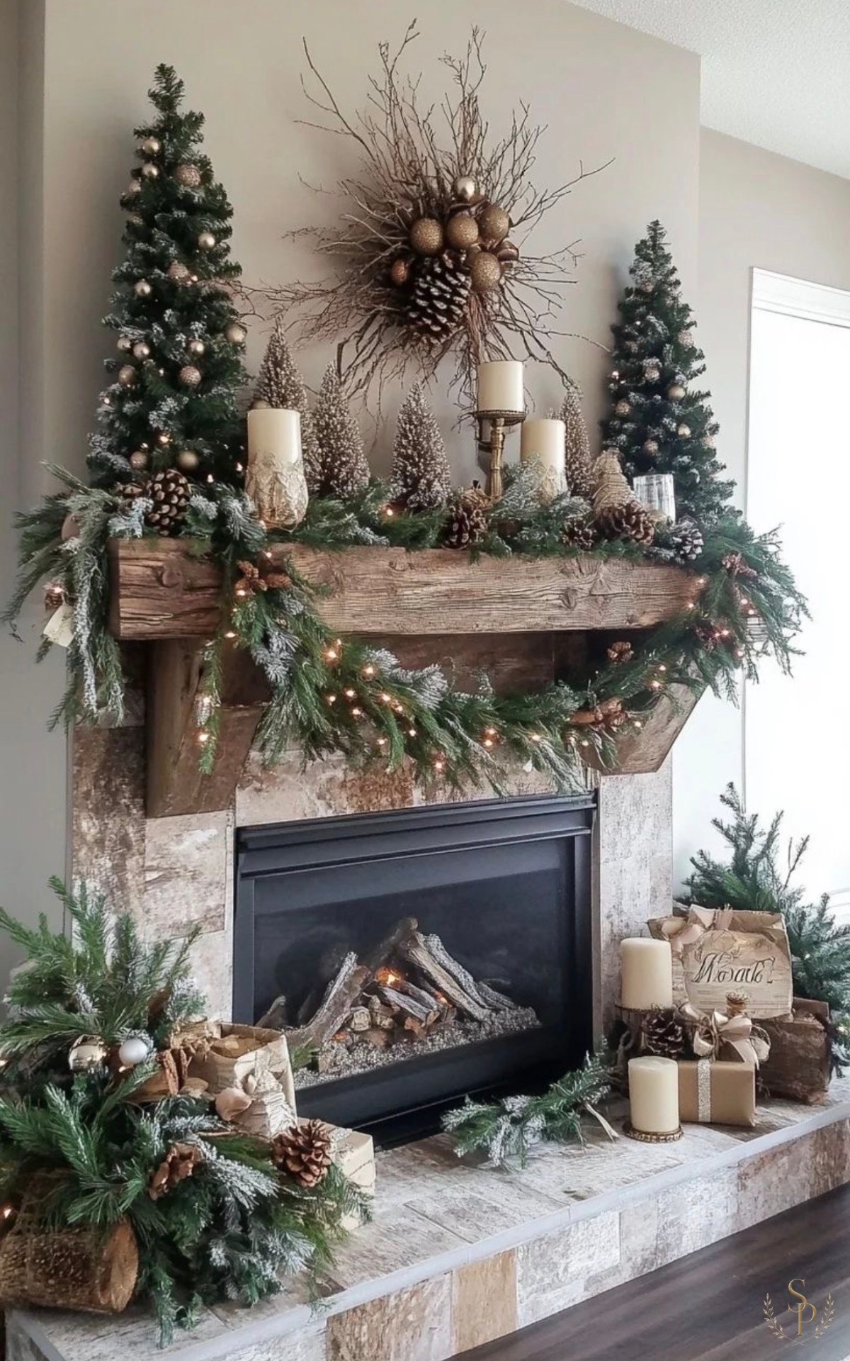Rustic mantel with flocked garland, bottle-brush trees, and candlelight