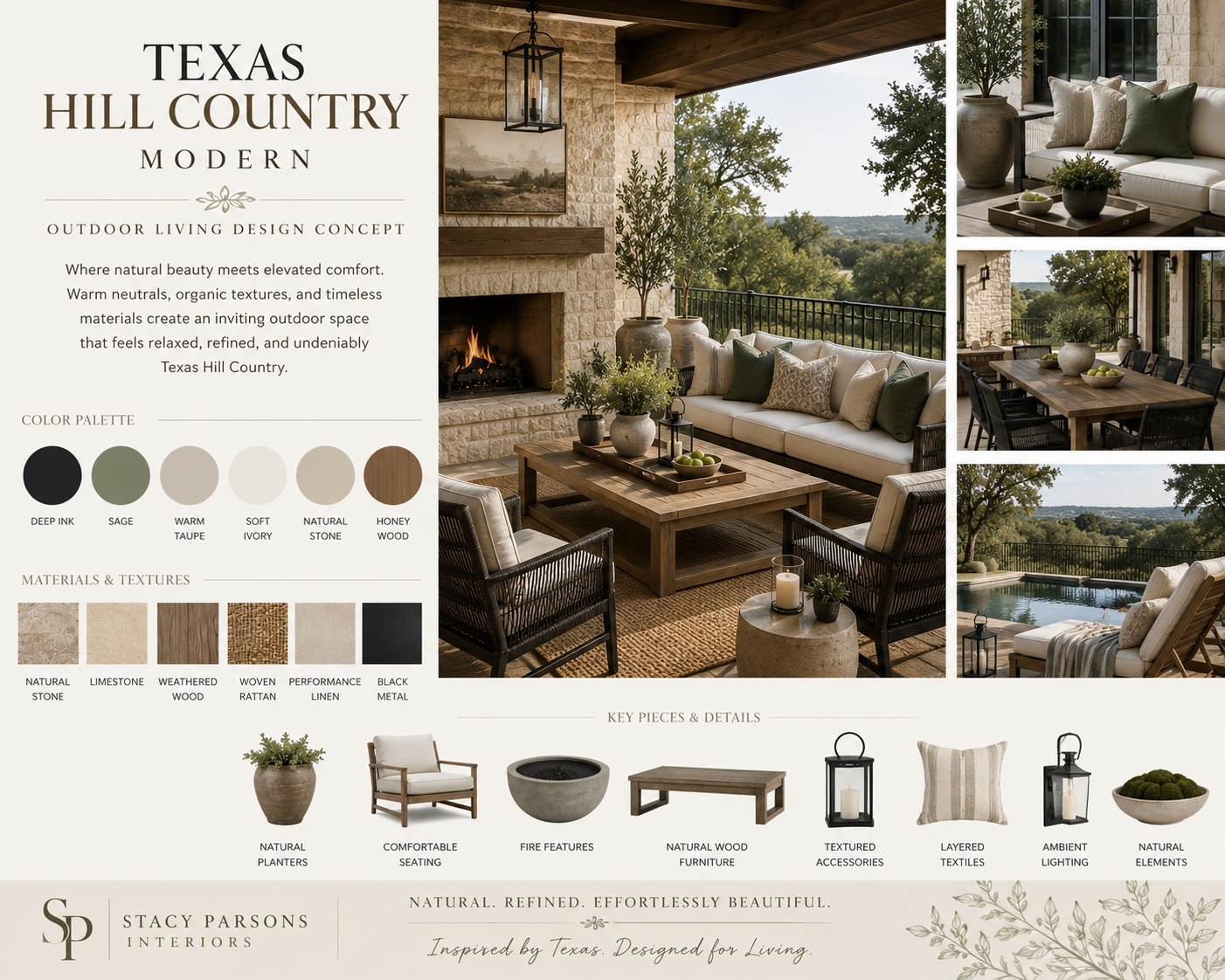 Texas Hill Country Modern mood board — stone fireplace, slipcovered sectional, lanterns, weathered wood table