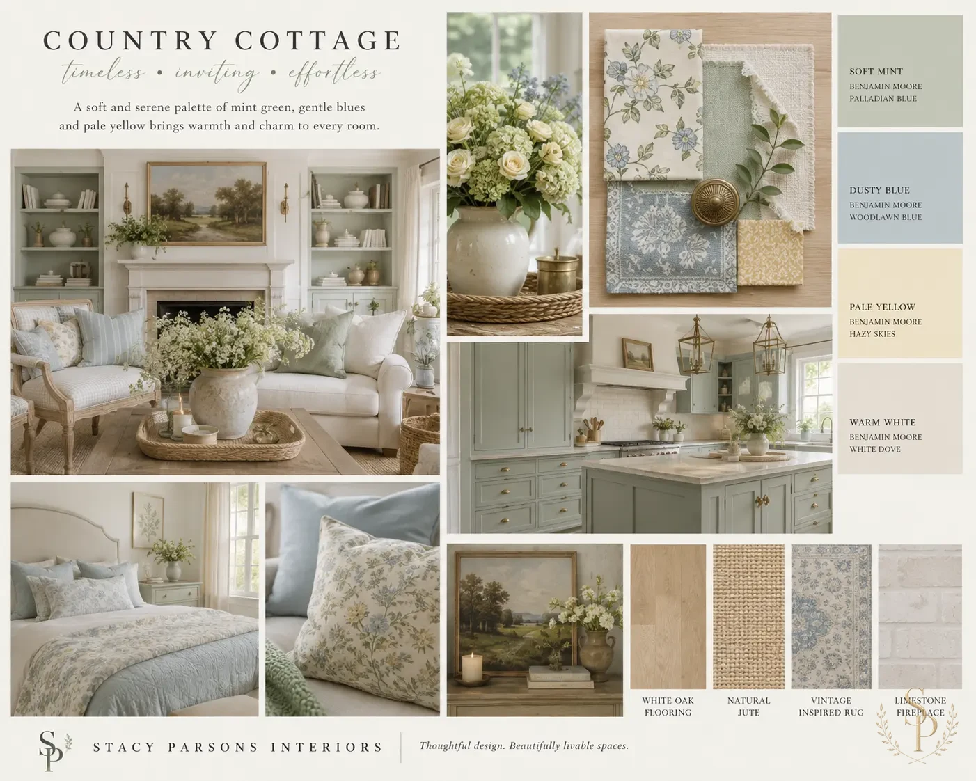 Country Cottage mood board — dusty rose and sage florals, ticking stripe, painted wood, wicker, and ironstone