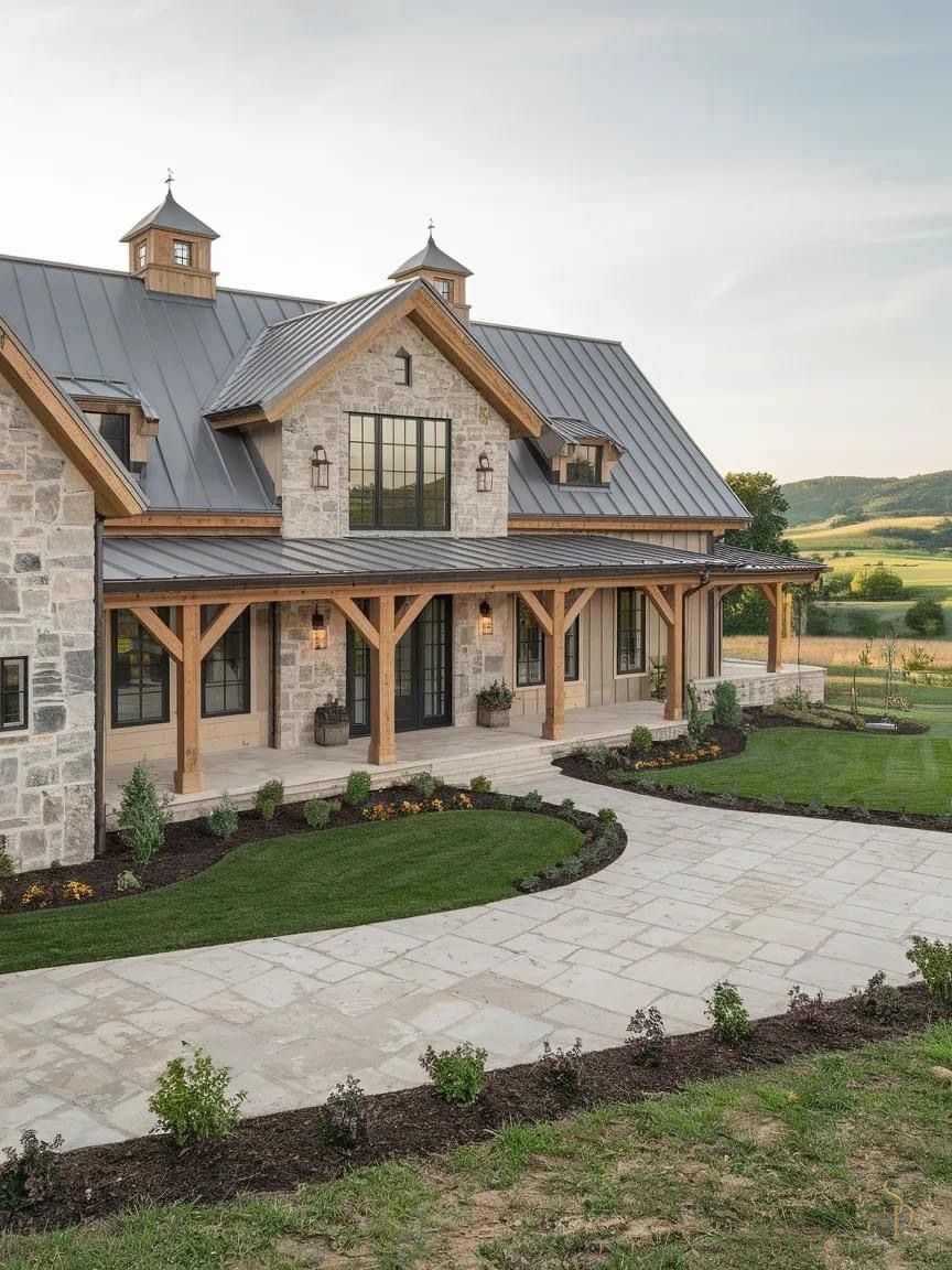 Stone and timber Hill Country farmhouse with a wrap-around covered porch