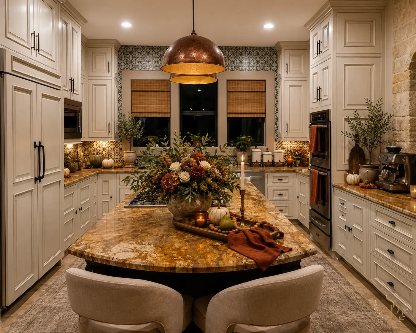 Cream kitchen island styled for fall with an autumn floral arrangement, candlelight, and small pumpkins