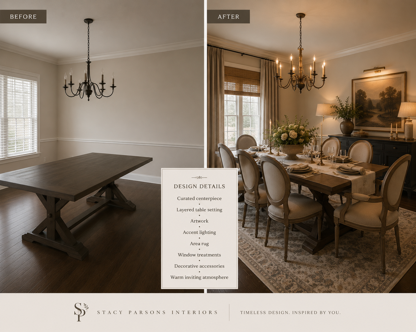Dining Room Before & After — Set for Gathering Before and after of a dining room — the after adds a curated floral centerpiece, layered table setting, drapery, artwork, area rug, and accent lighting