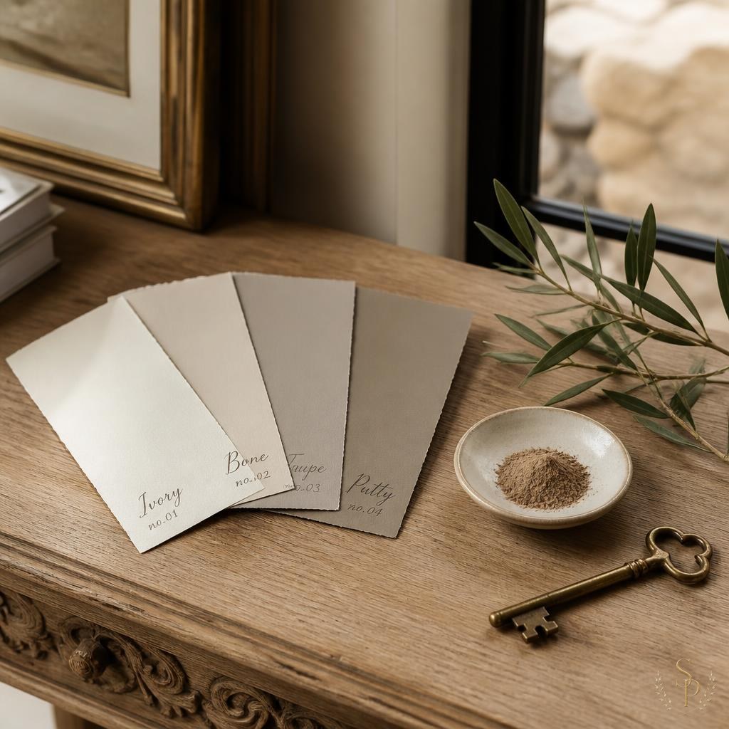 Hand-painted warm neutral paint swatches fanned on an oak table