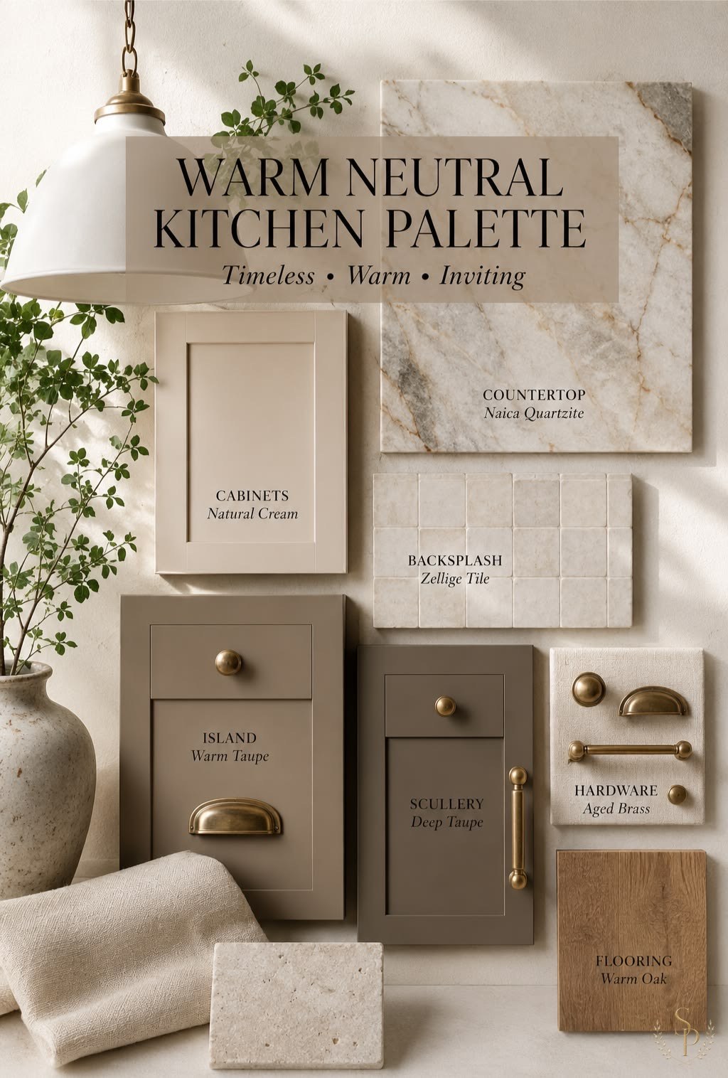 Warm Neutral Kitchen Palette mood board — cream cabinetry, veined marble, oak flooring, brass hardware, and linen swatches