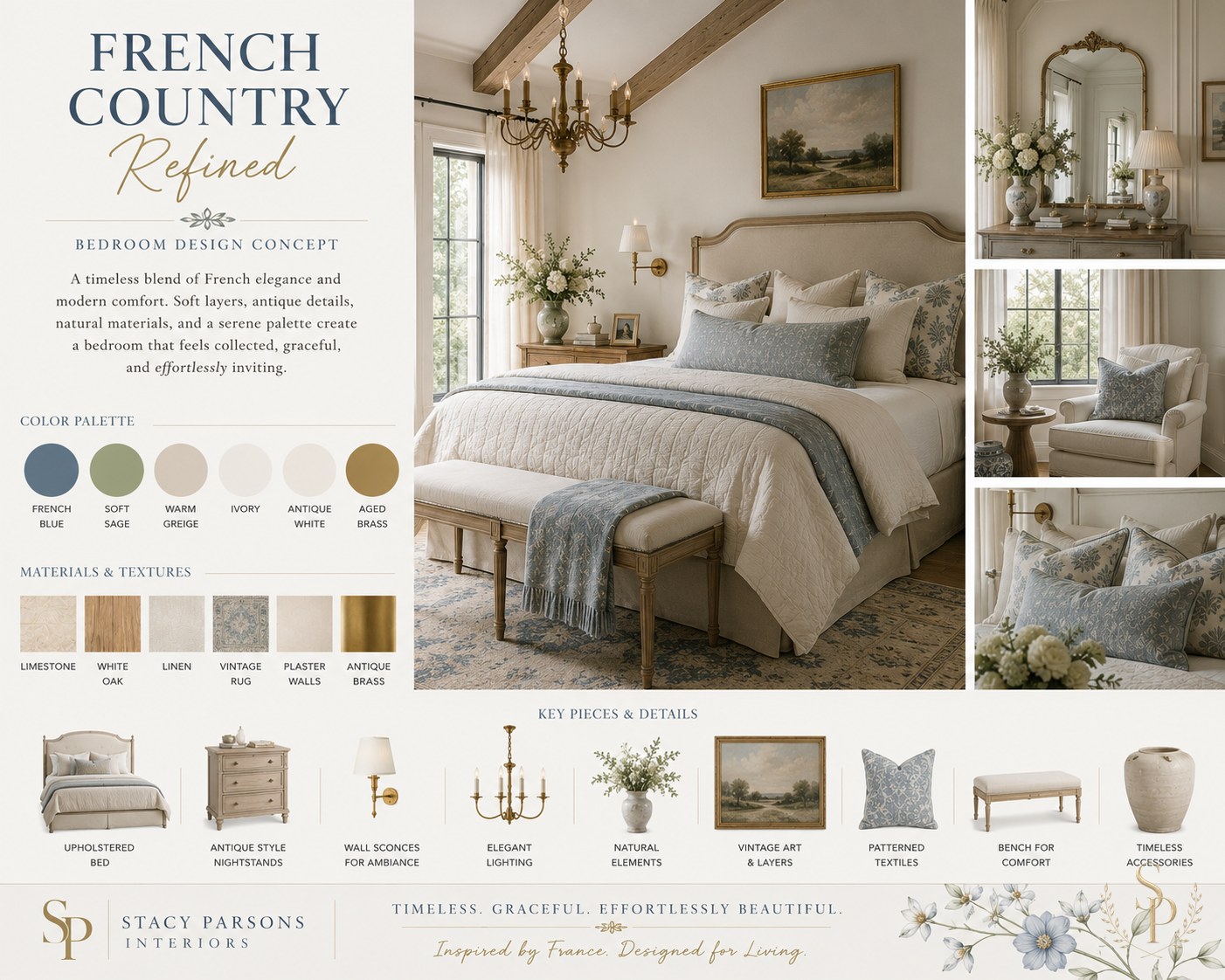 French Country Refined bedroom mood board — upholstered bed, antique chandelier, patterned blue and ivory linens