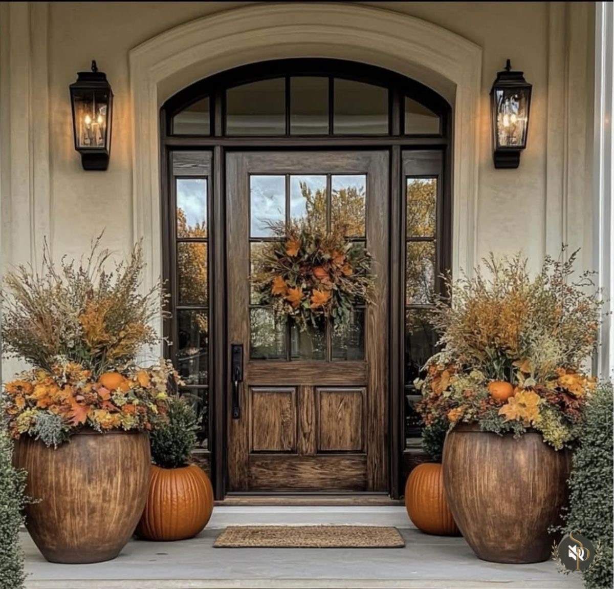 Arched wood front door with a dried fall wreath, tall autumn planters, and pumpkins