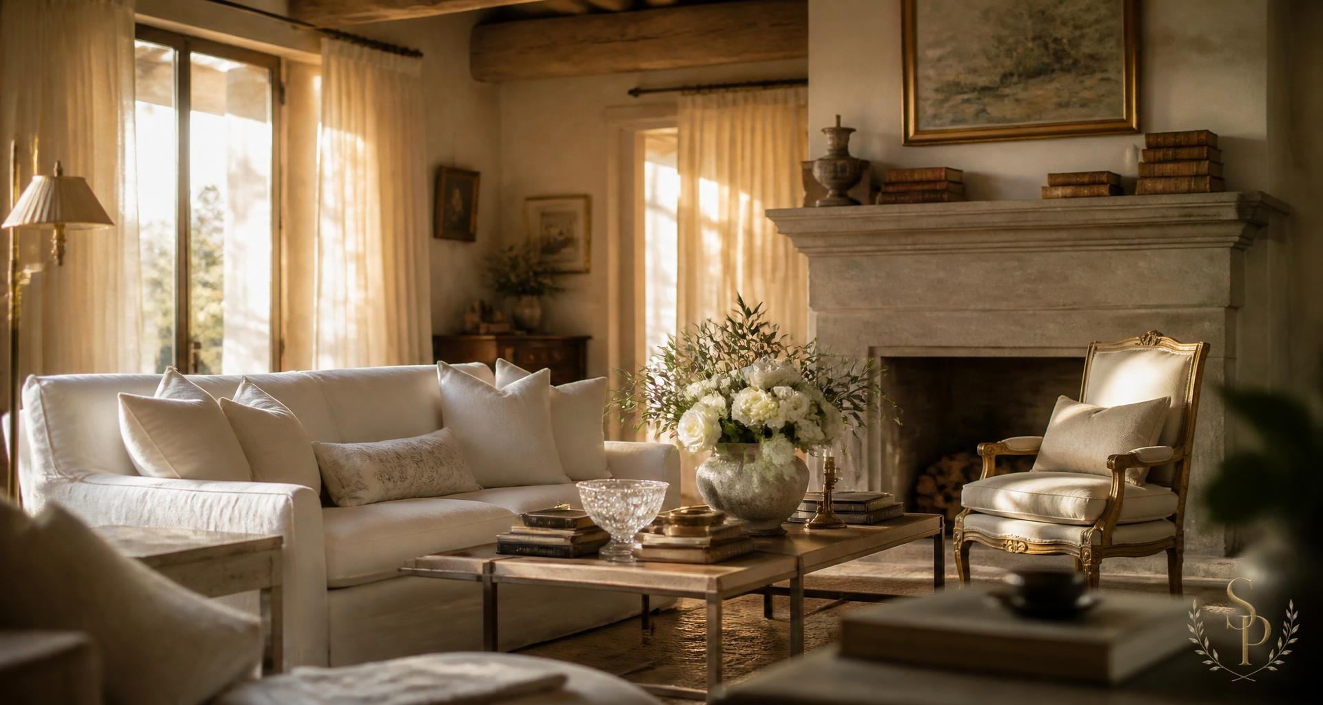 Sunlit Hill Country parlor with antique furnishings and soft neutral walls